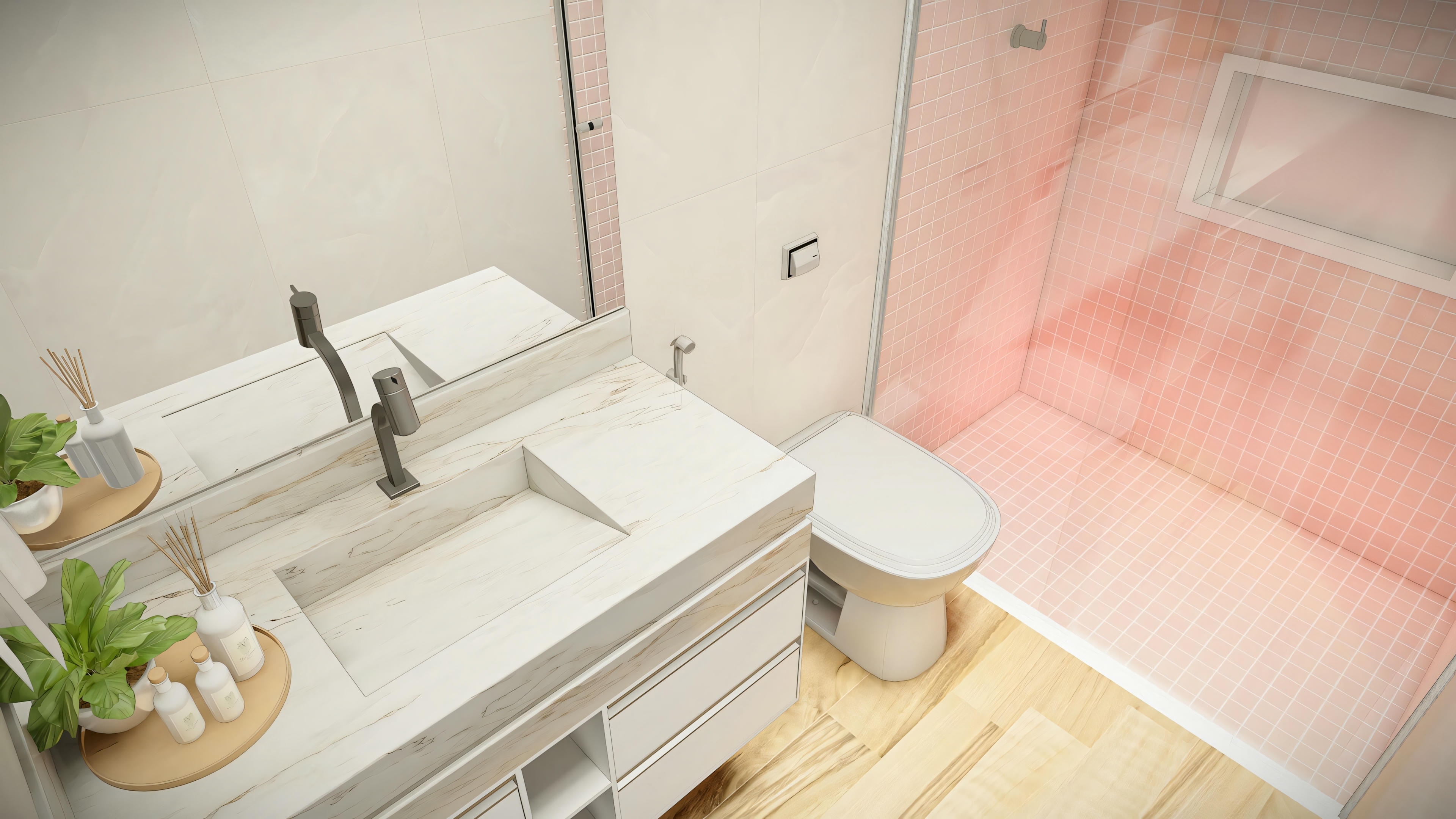 Baño con lavabo, espejo y área de ducha con iluminación rosa.