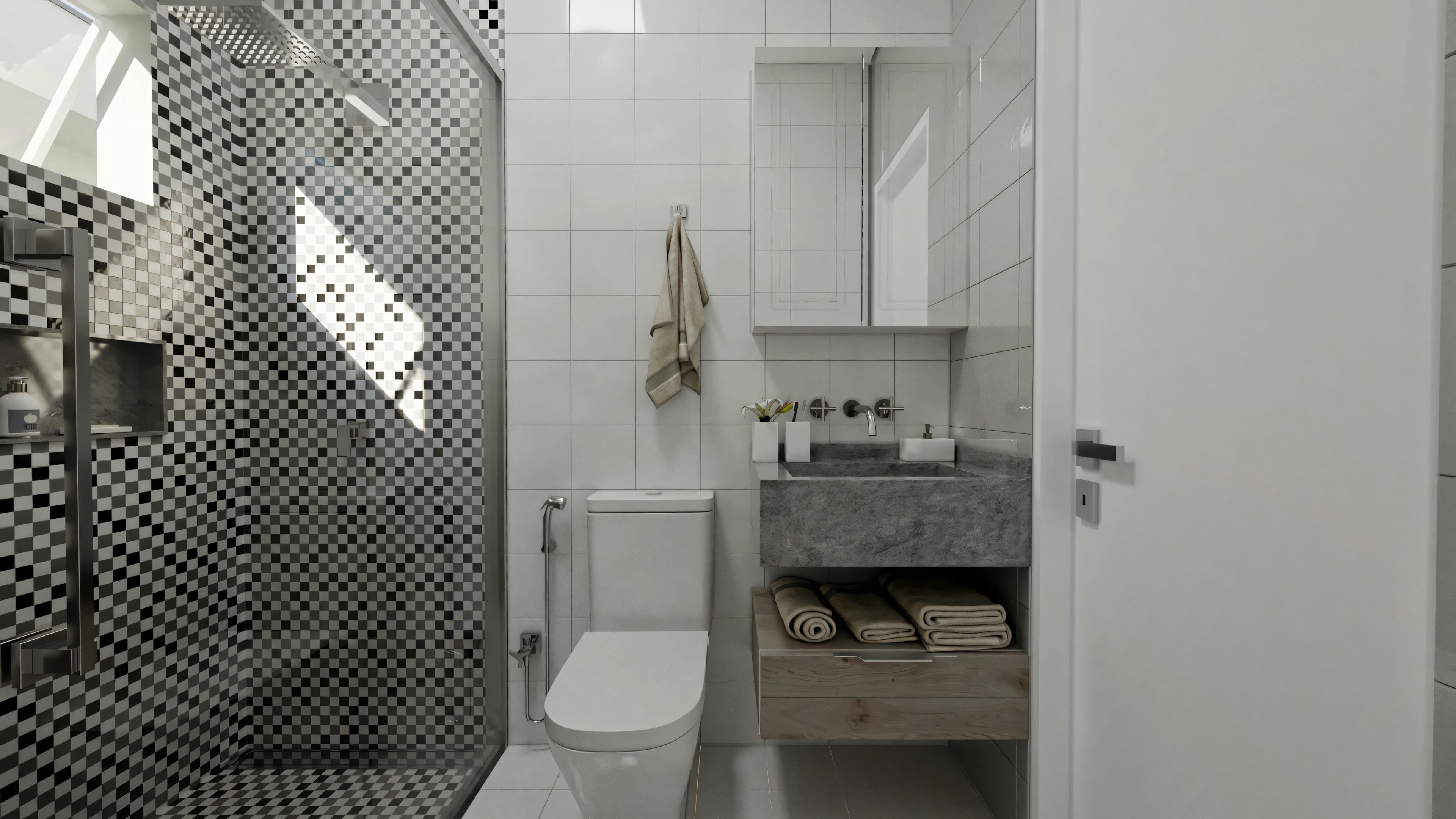 Un baño con pared estampada y área de ducha.