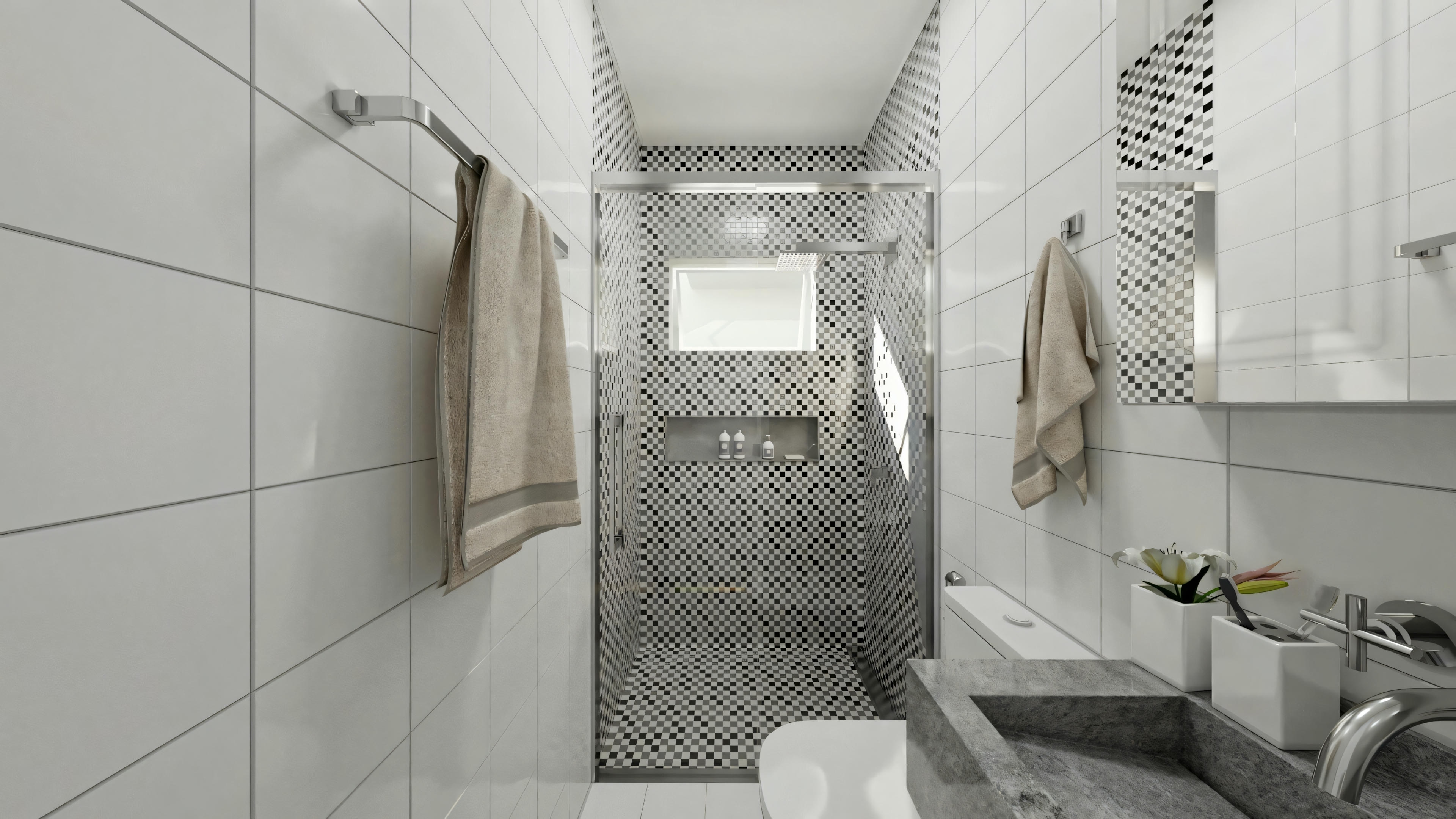 Baño pequeño y moderno de casa de planta baja (aprox. 60m²), con revestimiento en mosaicos en el área de la ducha, nicho empotrado, encimera con lavabo de piedra y paredes con azulejo blanco.