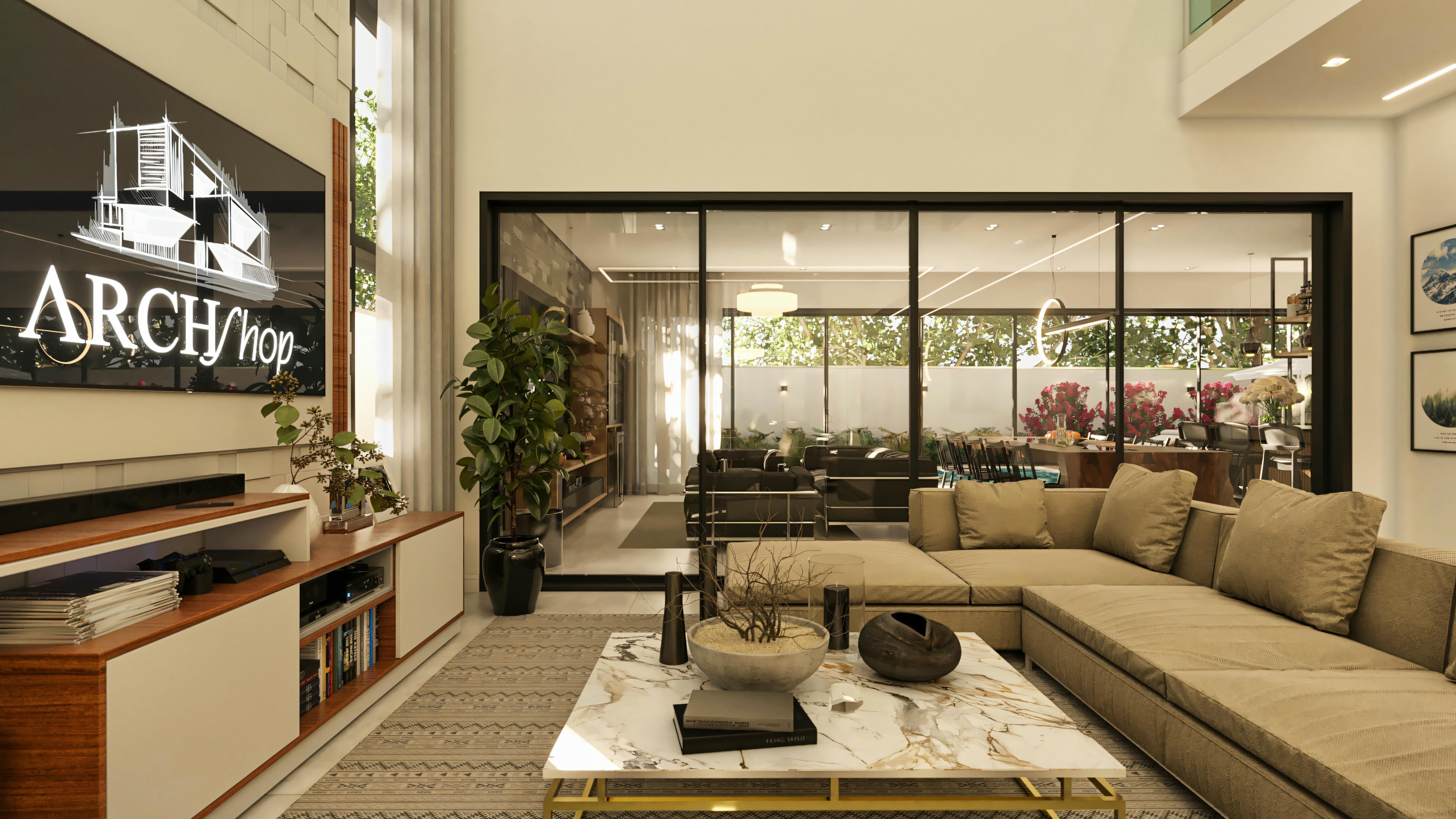 Vista da sala de estar de casa de alto padrão com 5 suítes, mostrando a integração com a sala de jantar/área gourmet através de amplas portas de vidro de correr. Mobiliário moderno na sala e visão do ambiente gourmet ao fundo.