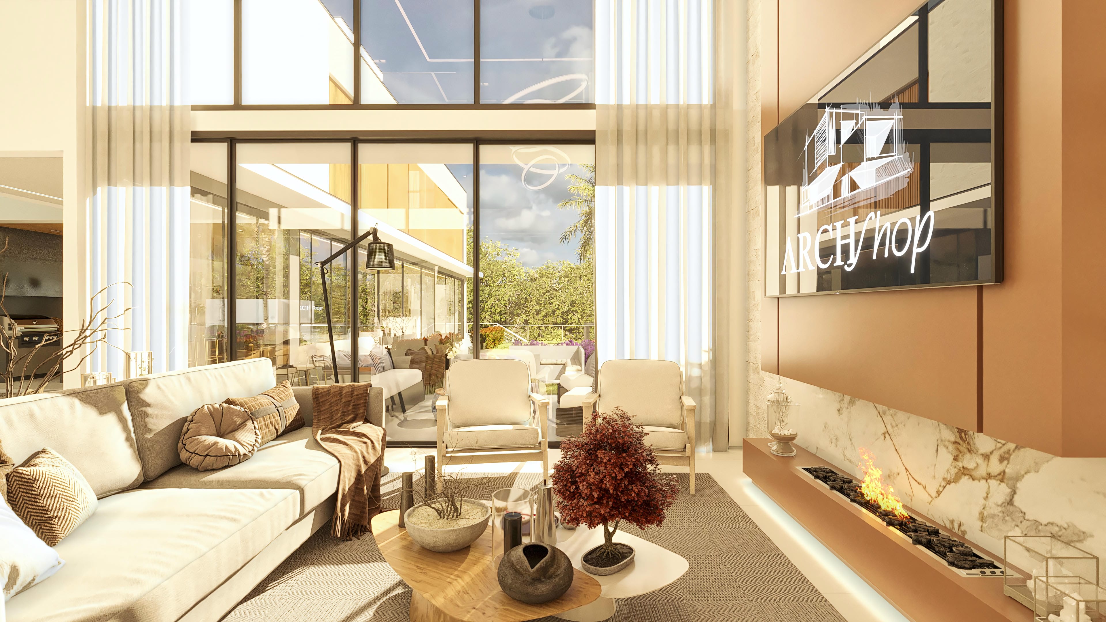 Interior de casa de dos plantas de alto nivel con amplia zona de convivencia, destacando la chimenea moderna, cómodo sofá y vistas a la zona exterior con piscina.
