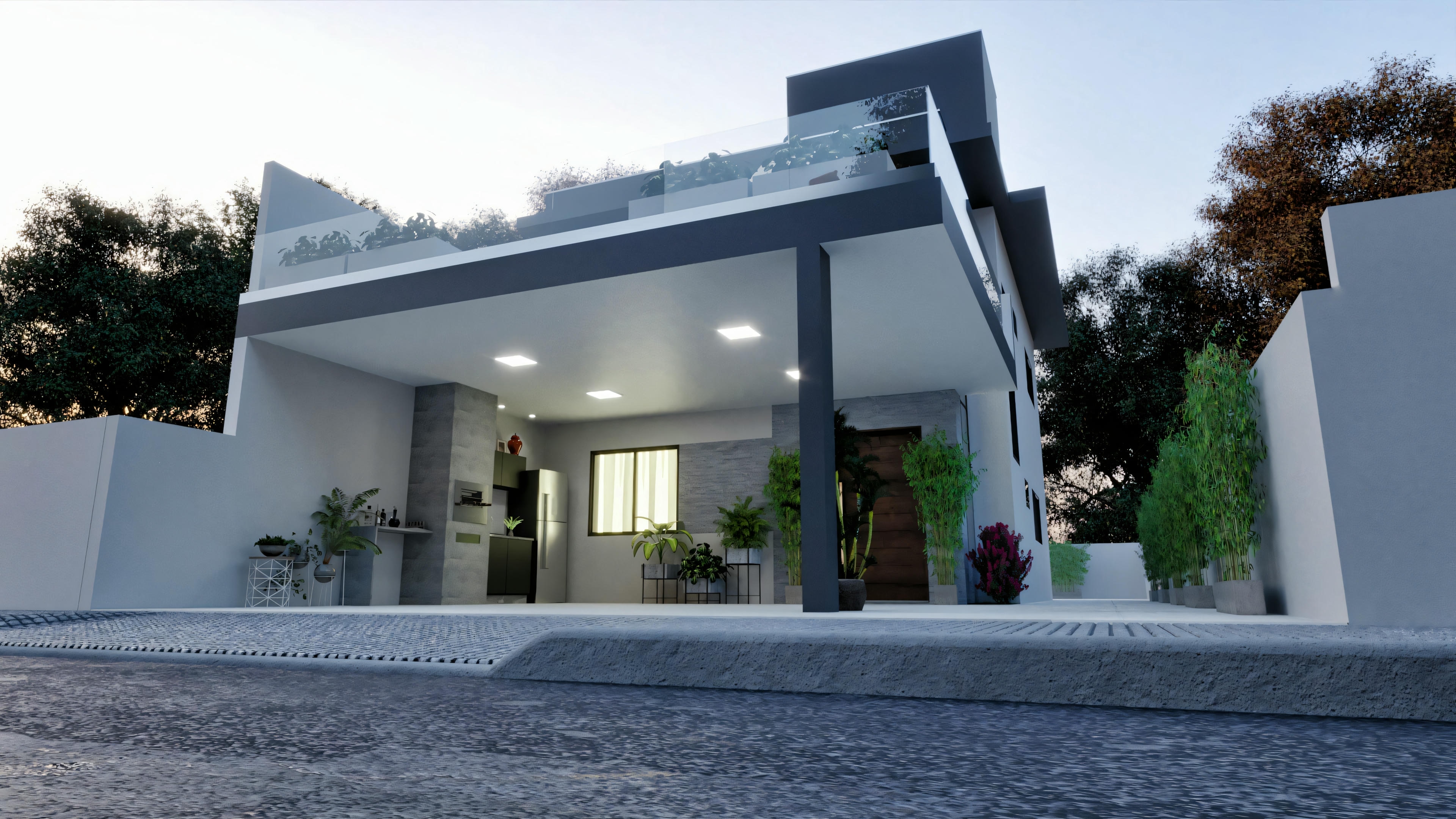 Uma casa moderna ao anoitecer com luzes internas acesas, destacando uma grande porta de garagem e uma área de entrada bem iluminada.