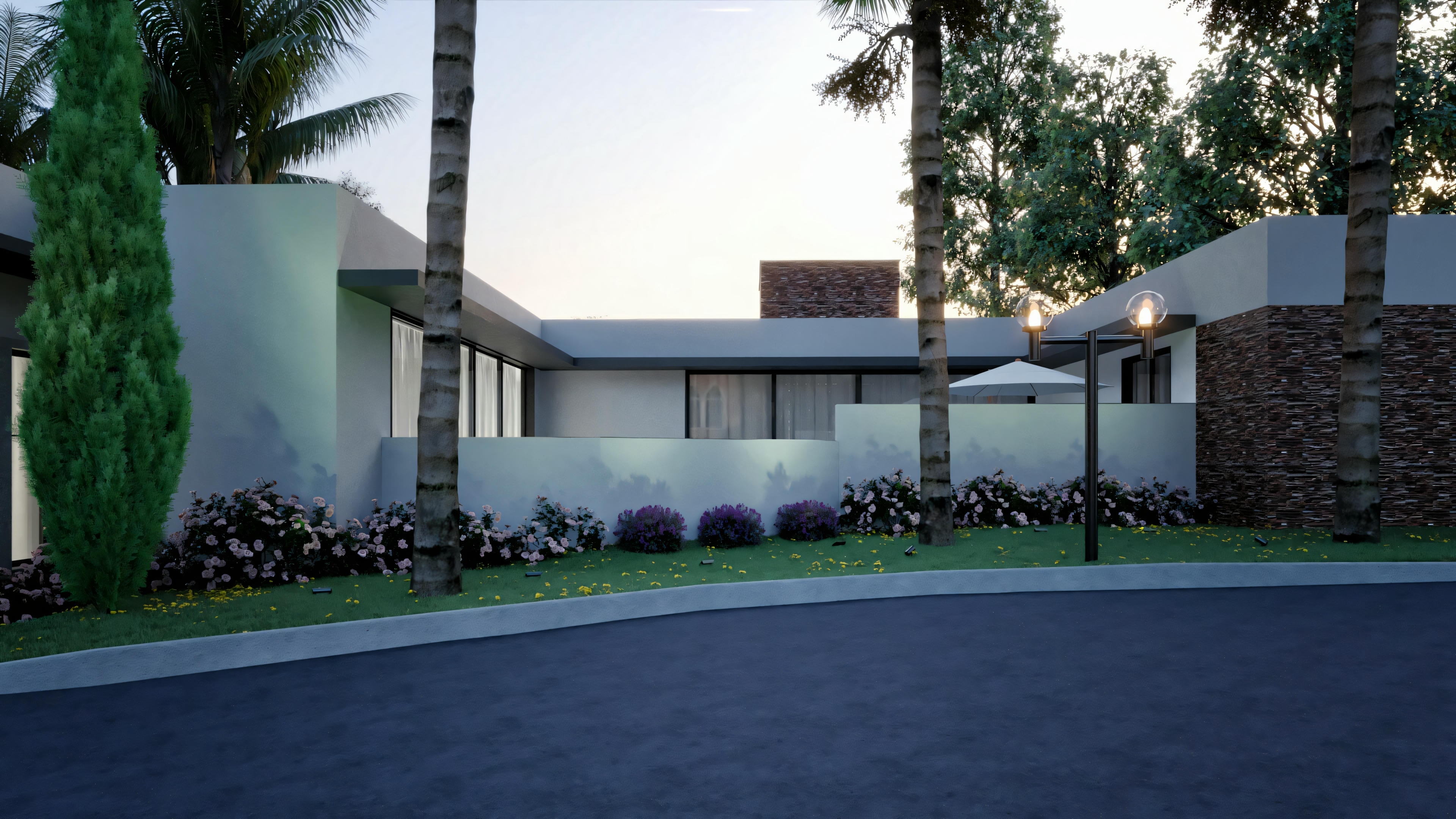 Uma casa moderna com telhado plano, grandes janelas e jardim paisagístico.