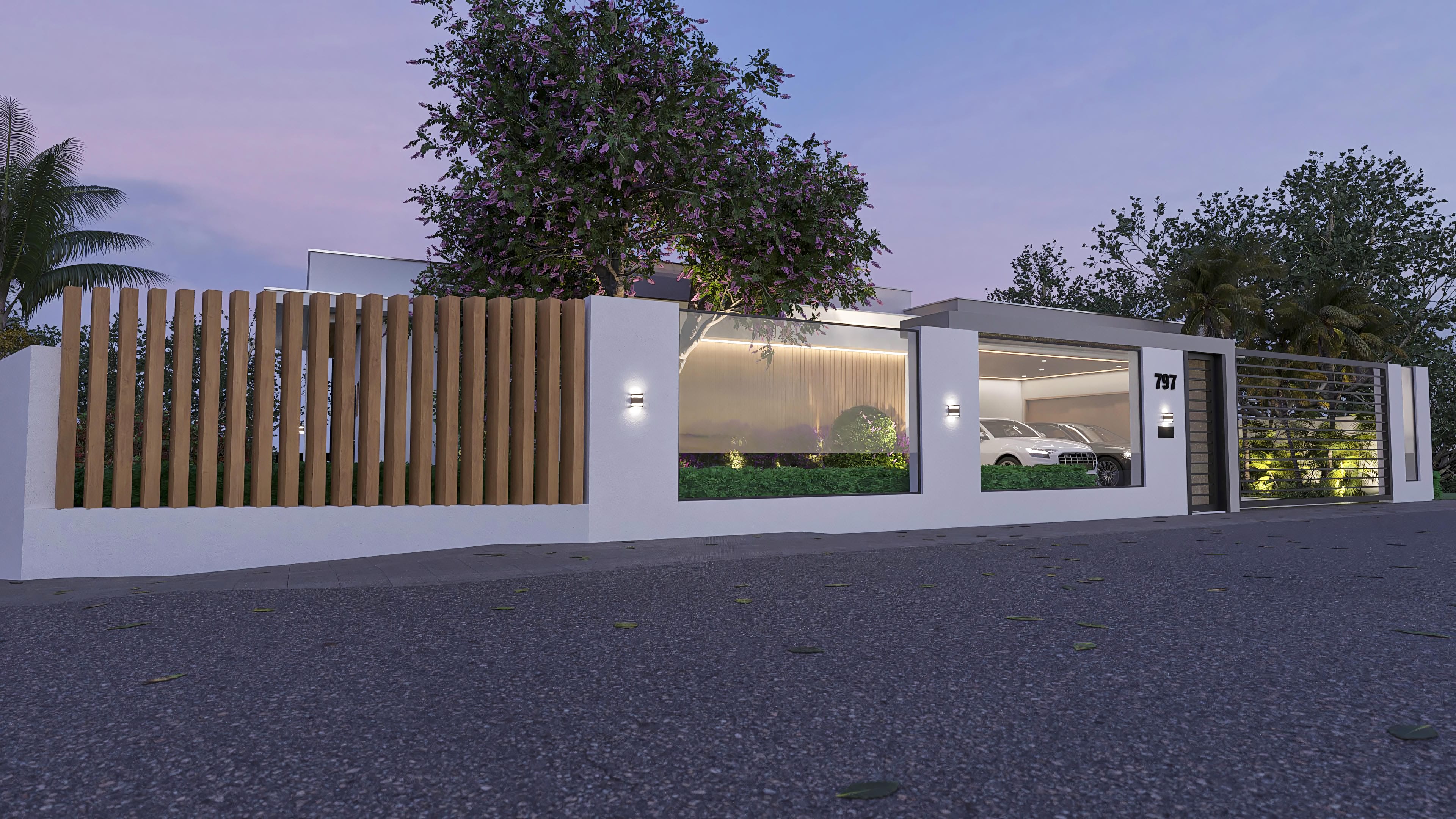 Fachada moderna de casa térrea com detalhes em madeira, amplas janelas de vidro e iluminação externa sutil. O muro frontal apresenta um painel ripado de madeira.