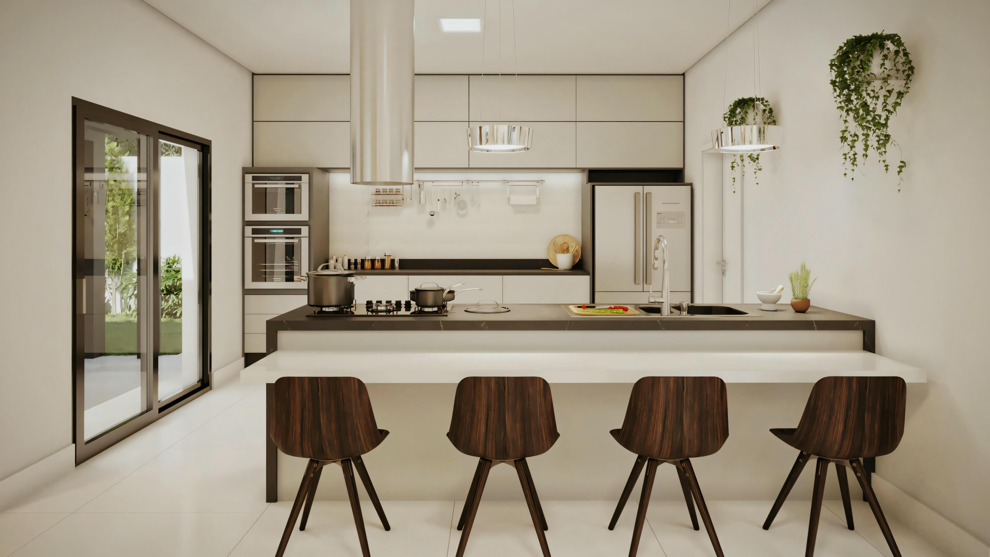 Cocina espaciosa con isla central, armarios de madera clara y taburetes para asientos.