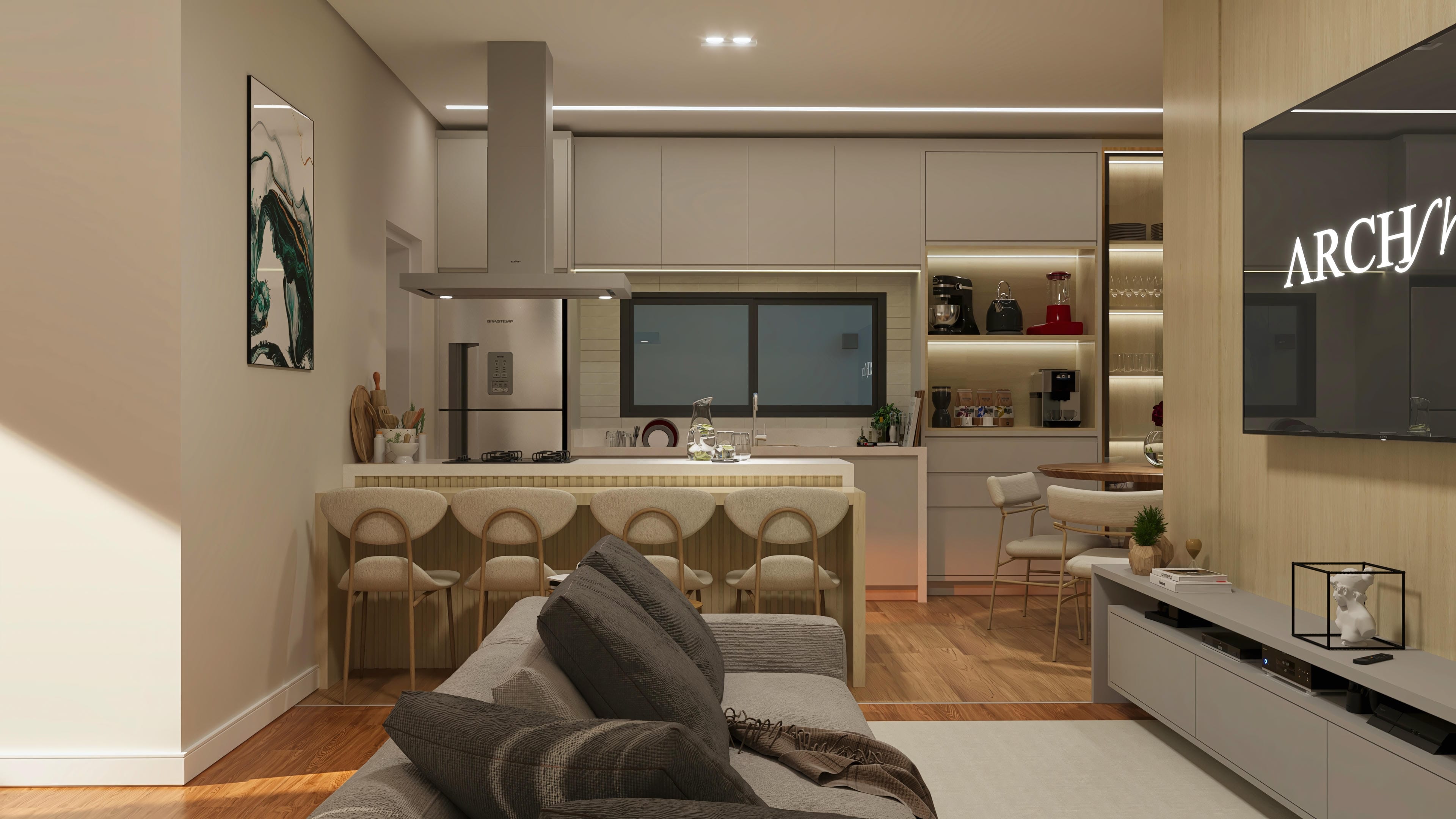 Interior de casa de dos pisos con cocina moderna e integrada a la sala, destacando la isla gourmet, electrodomésticos en acero inoxidable y encimera con taburetes.