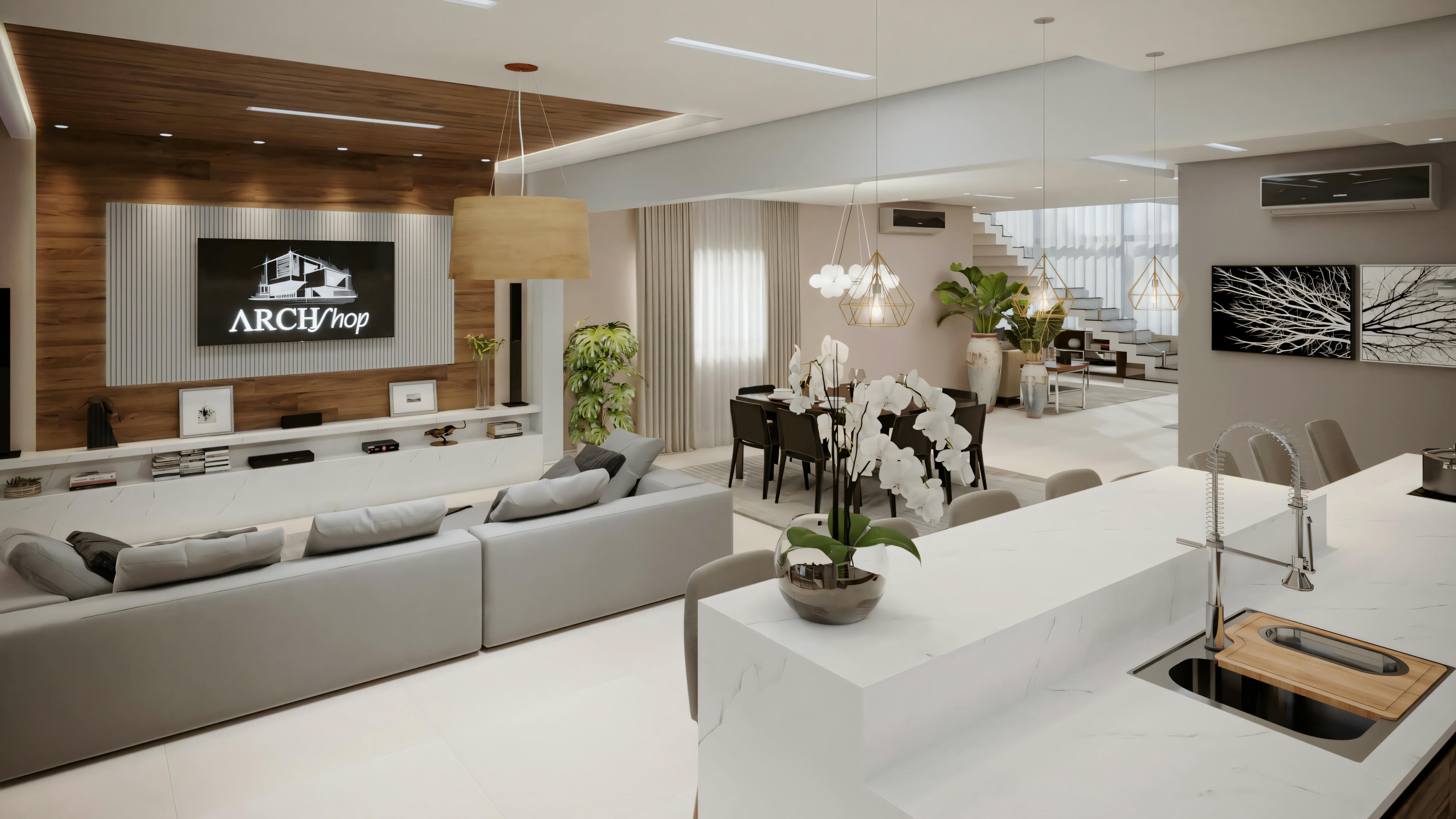 Una cocina moderna con armarios blancos, electrodomésticos de acero inoxidable y una isla con asientos.
