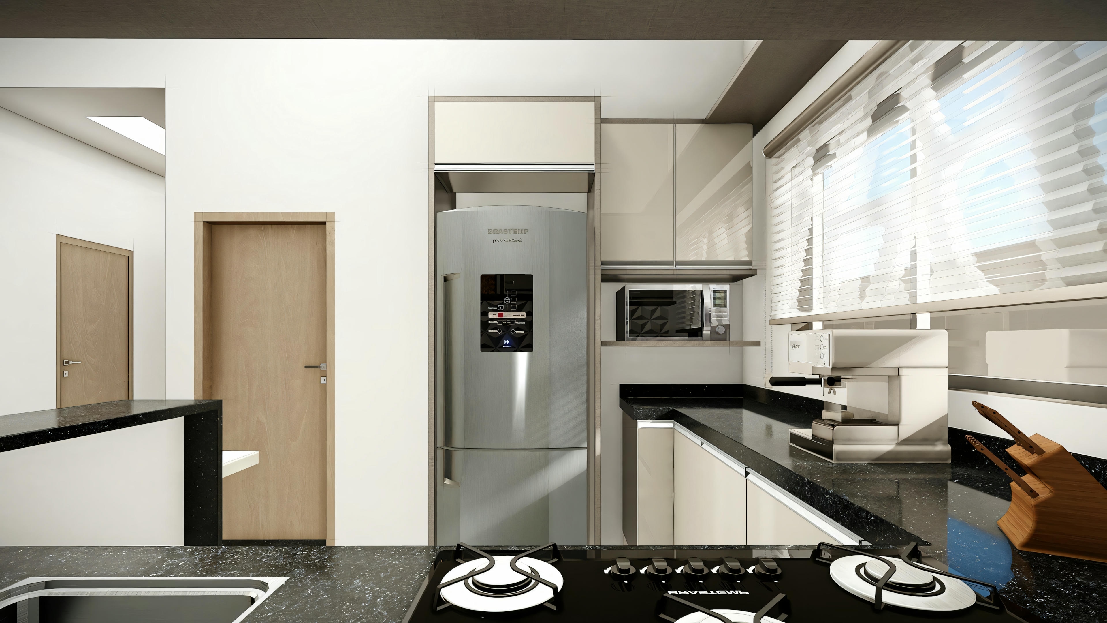 Cocina moderna con electrodomésticos de acero inoxidable e isla central.