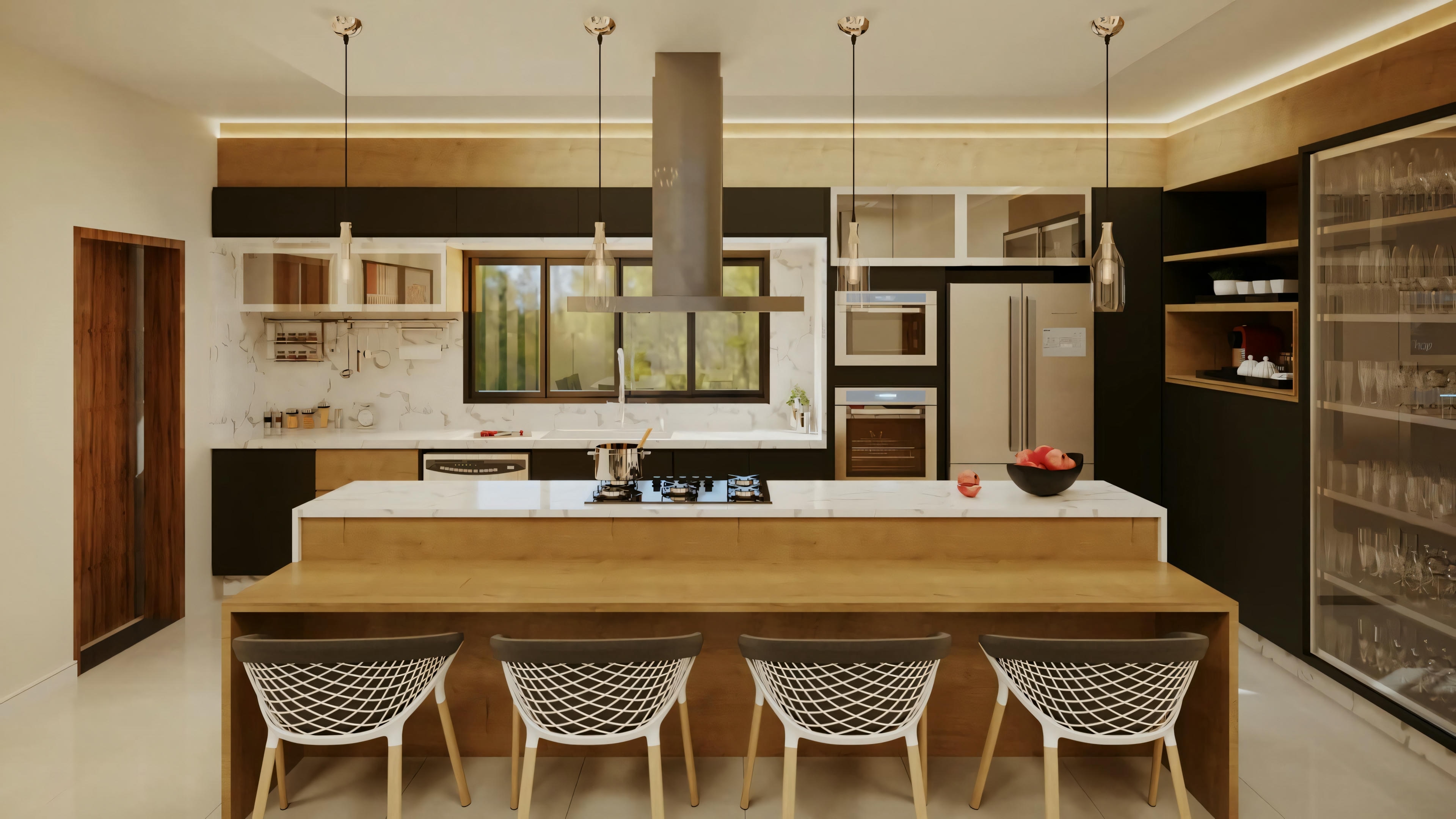 Una cocina moderna con taburetes, lámparas colgantes y detalles de madera.