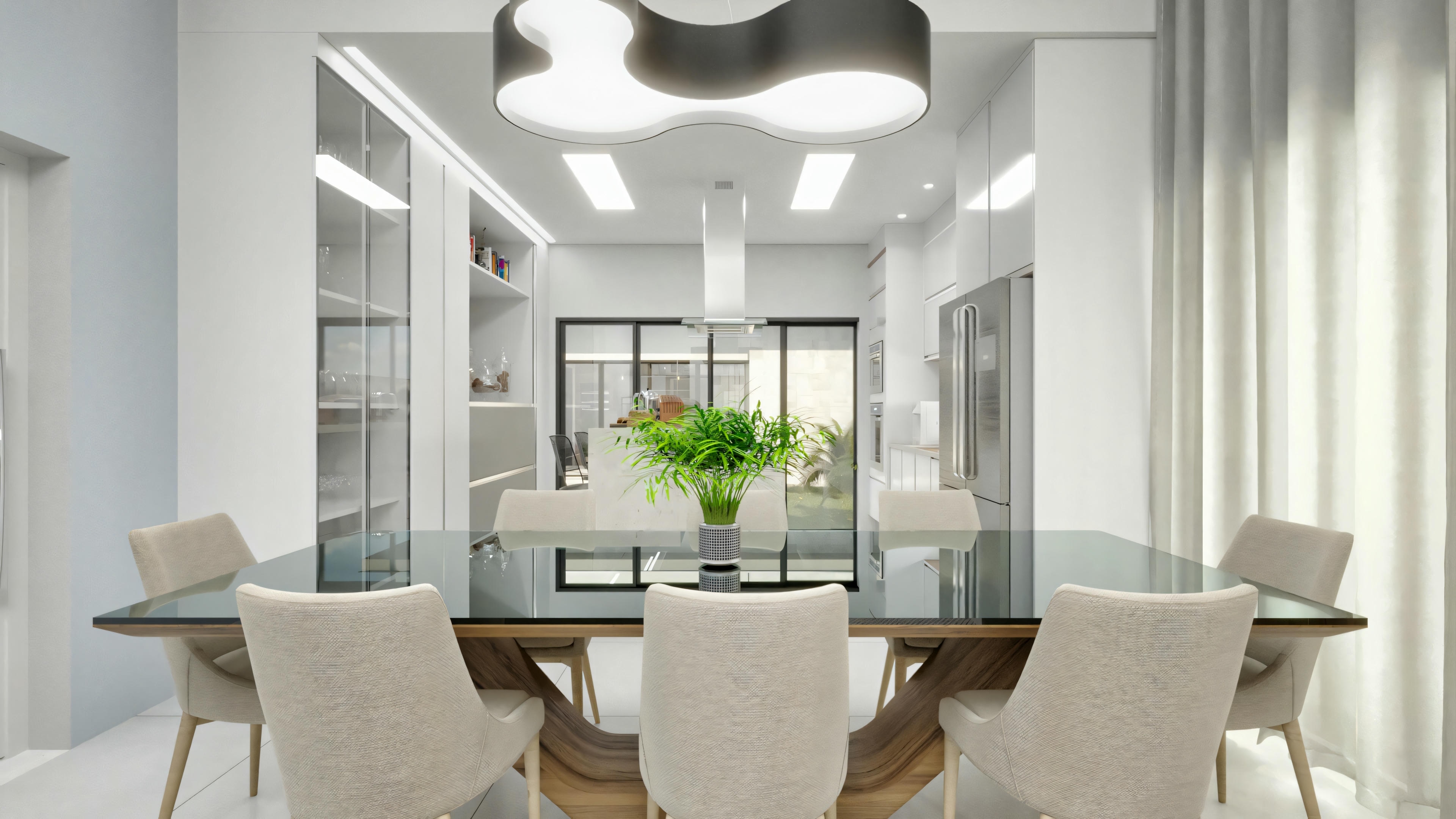 Área de comedor con mesa para seis personas, decoración elegante y grandes ventanas.
