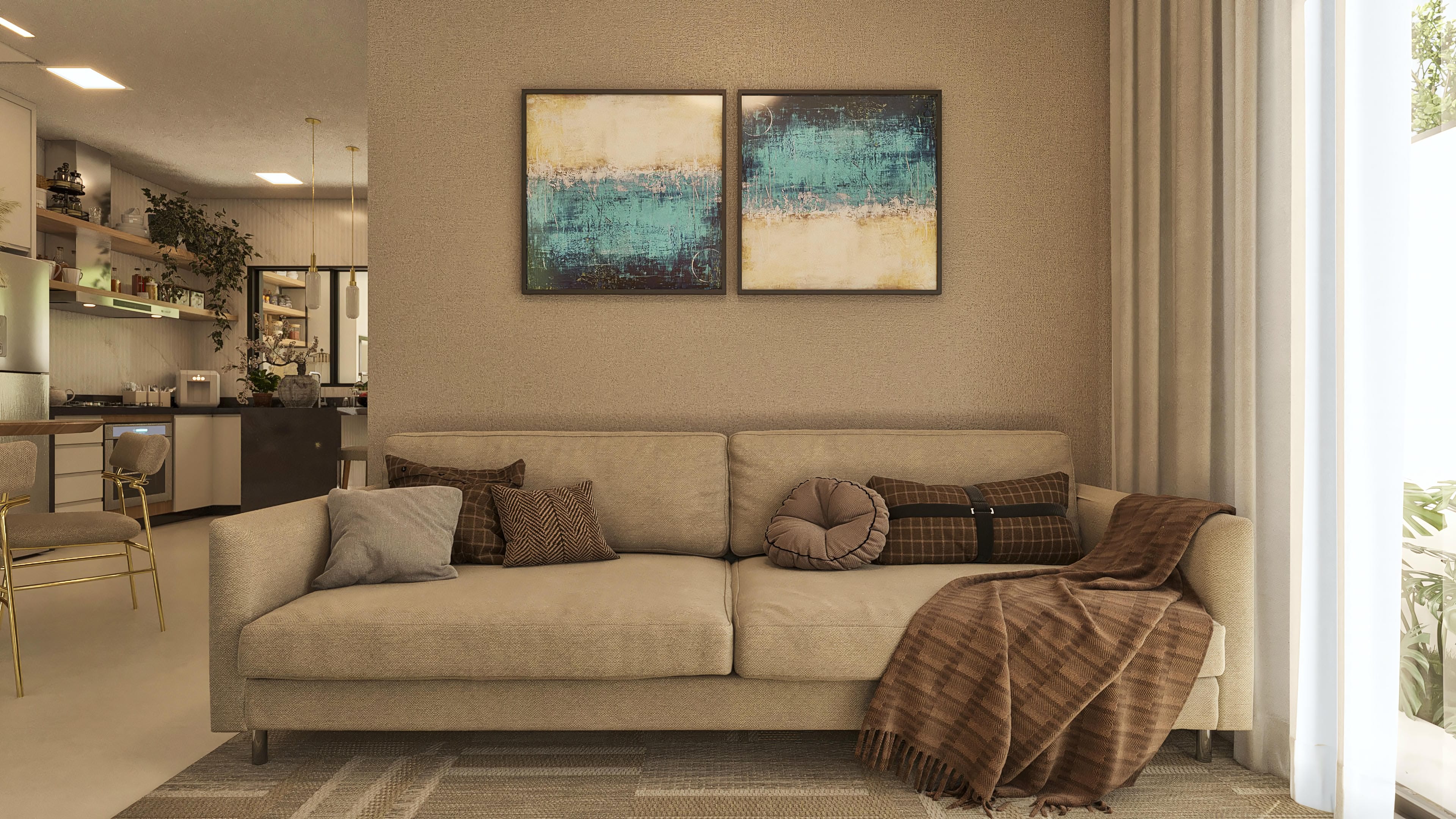 Modern interior of a two-story house with a beige sofa, decorative cushions, and a brown throw. In the background, a kitchen equipped with custom cabinets and a countertop. Highlight for artworks on the wall.