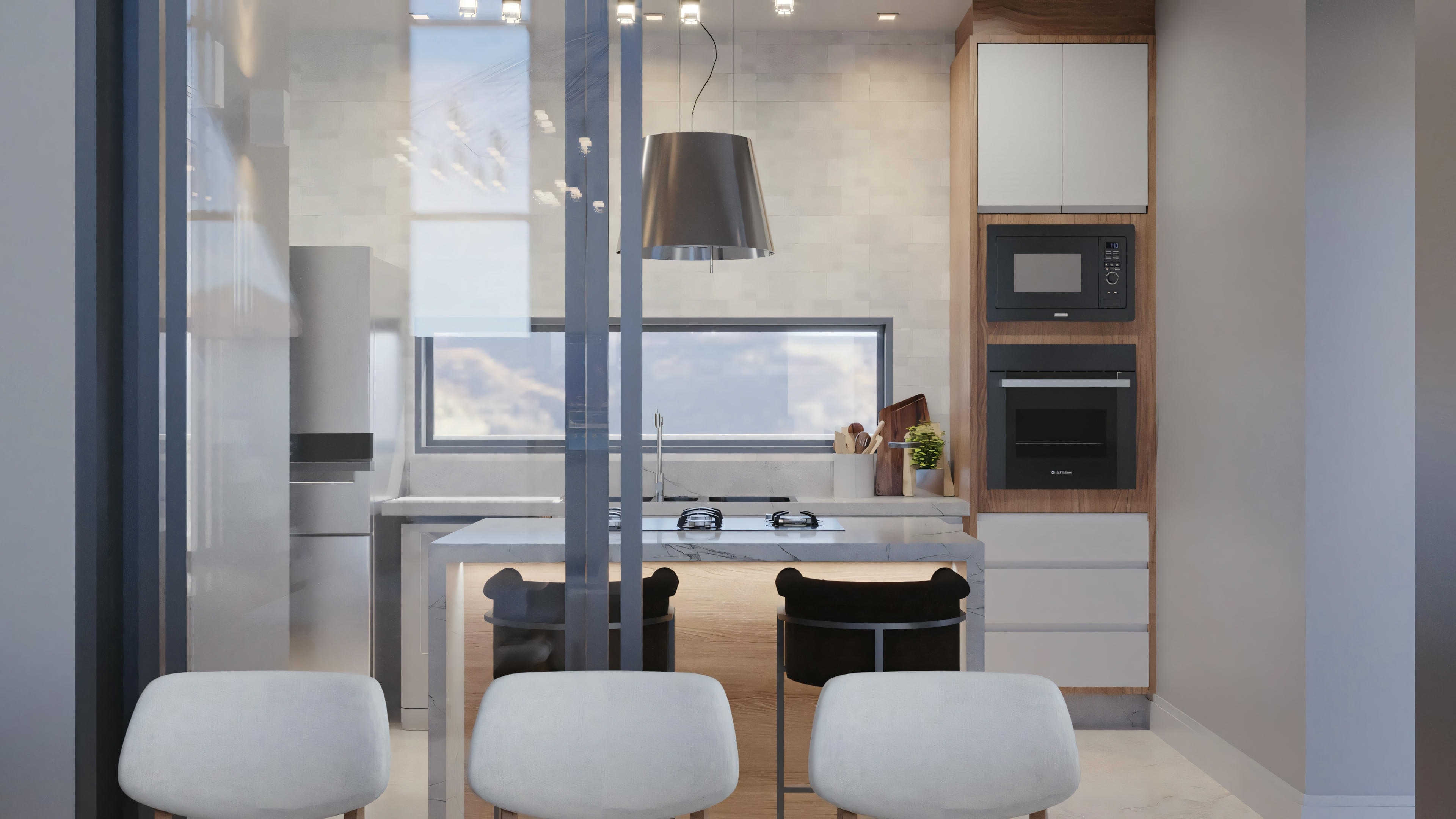 Kitchen with white cabinets, an island with bar stools, and large windows allowing plenty of natural light.