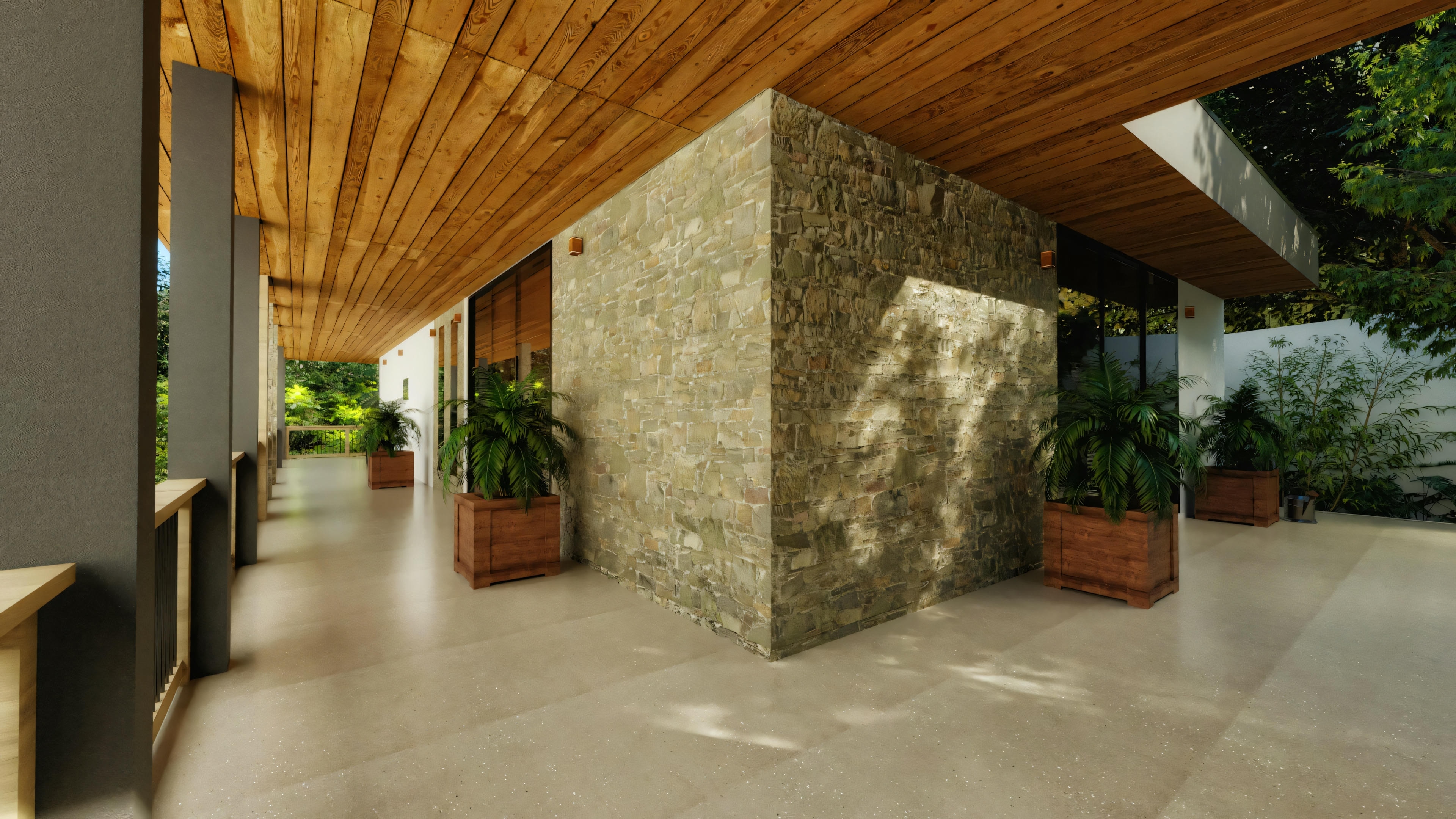 Detail of the stone cladding on the country house balcony with wooden ceiling and light-colored flooring.