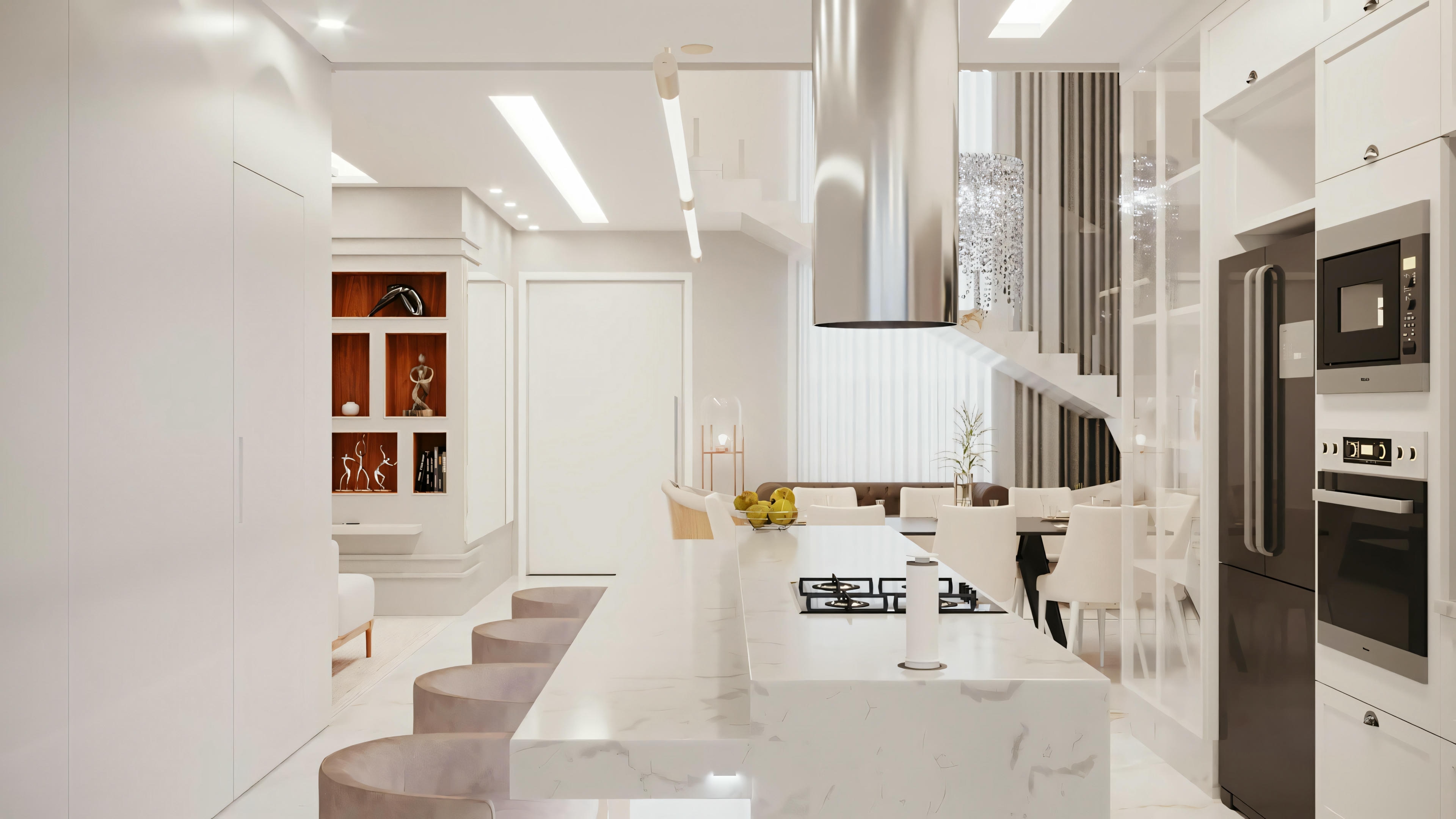 Uma cozinha moderna com armários brancos, eletrodomésticos de aço inoxidável e uma ilha central com banquetas.
