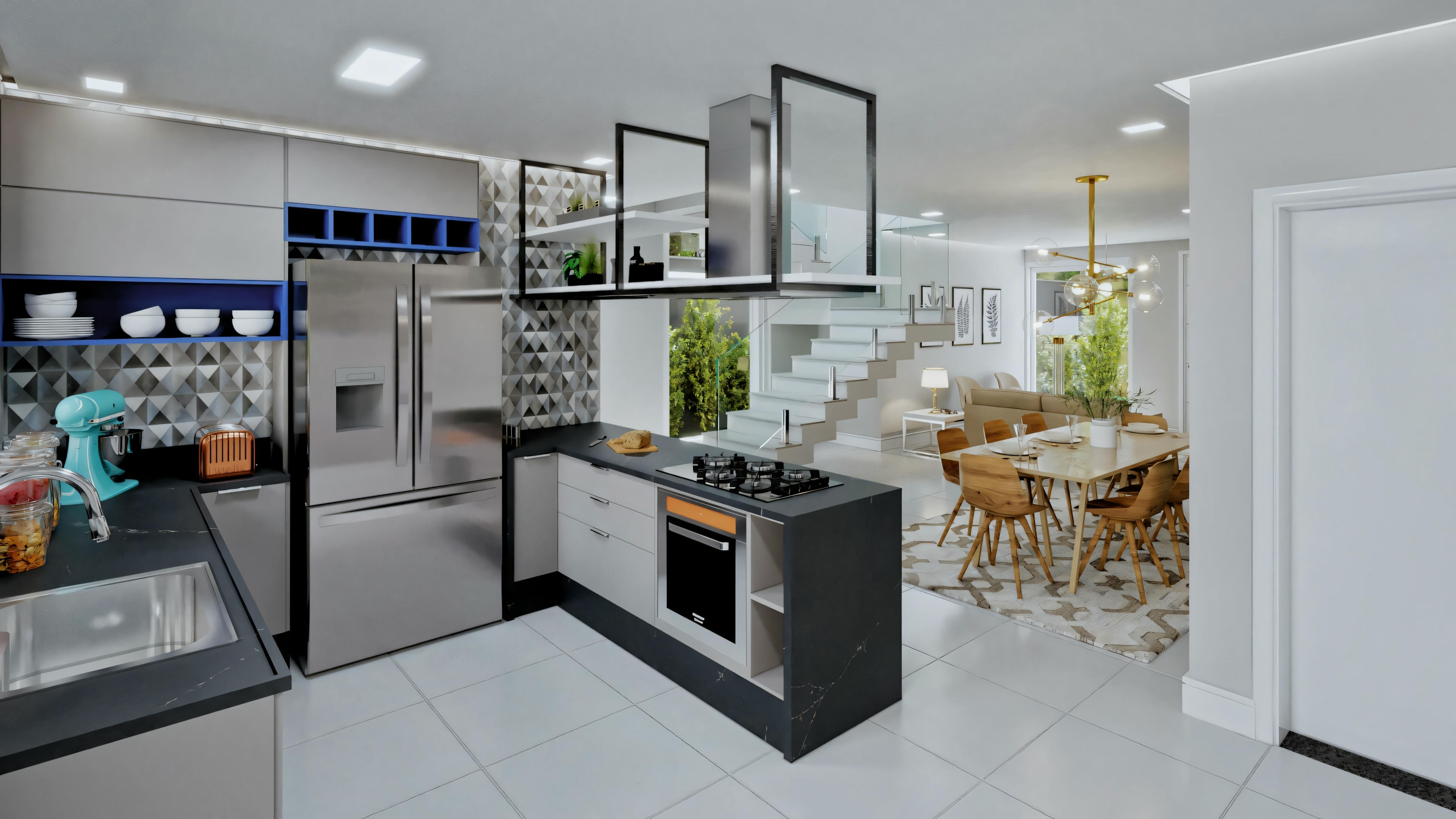 Cozinha com design rústico, bancada de madeira e prateleiras abertas.