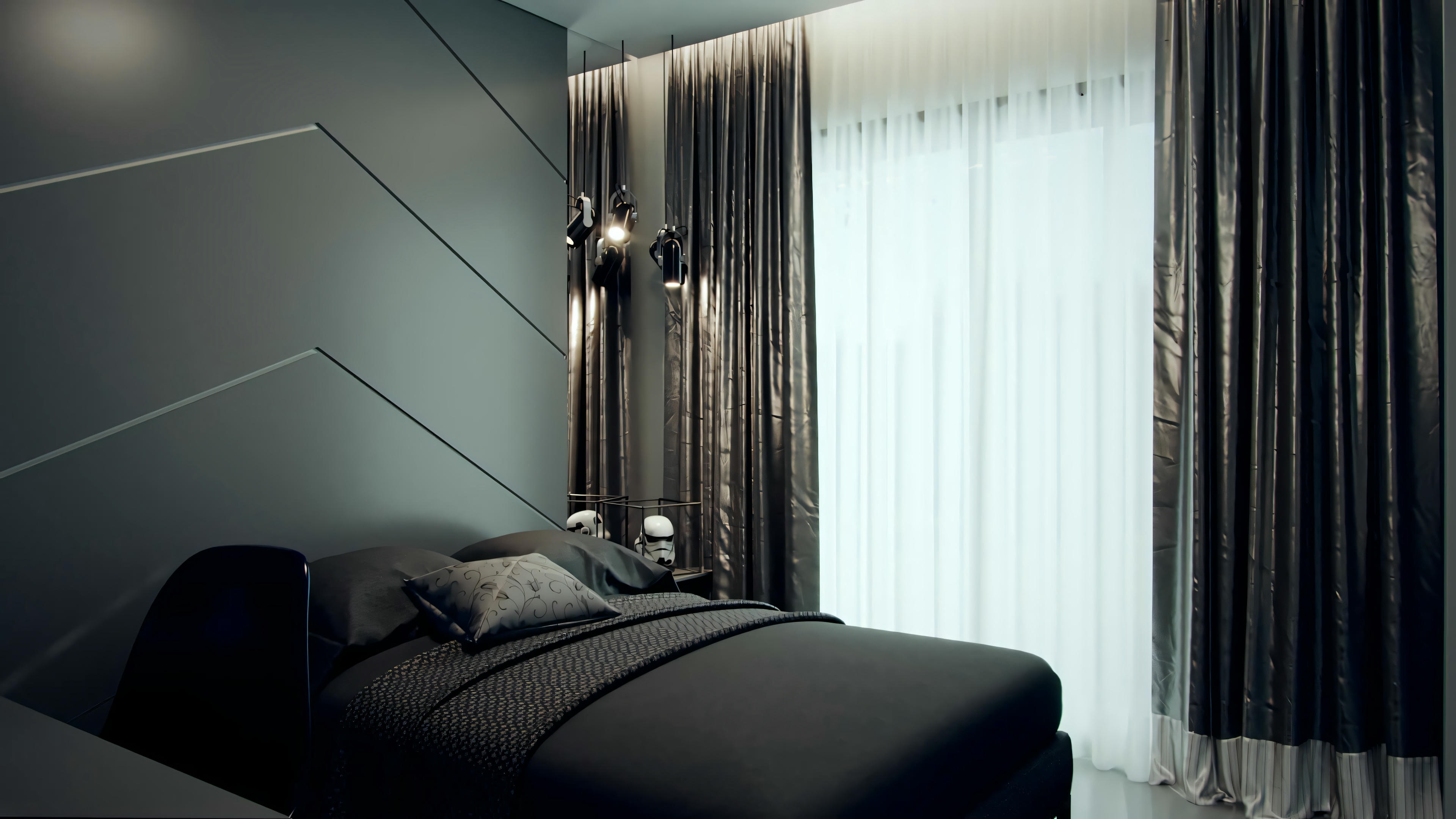 A bedroom with a made bed, pillows, and partially closed curtains, indicating an interior design or home comfort theme.