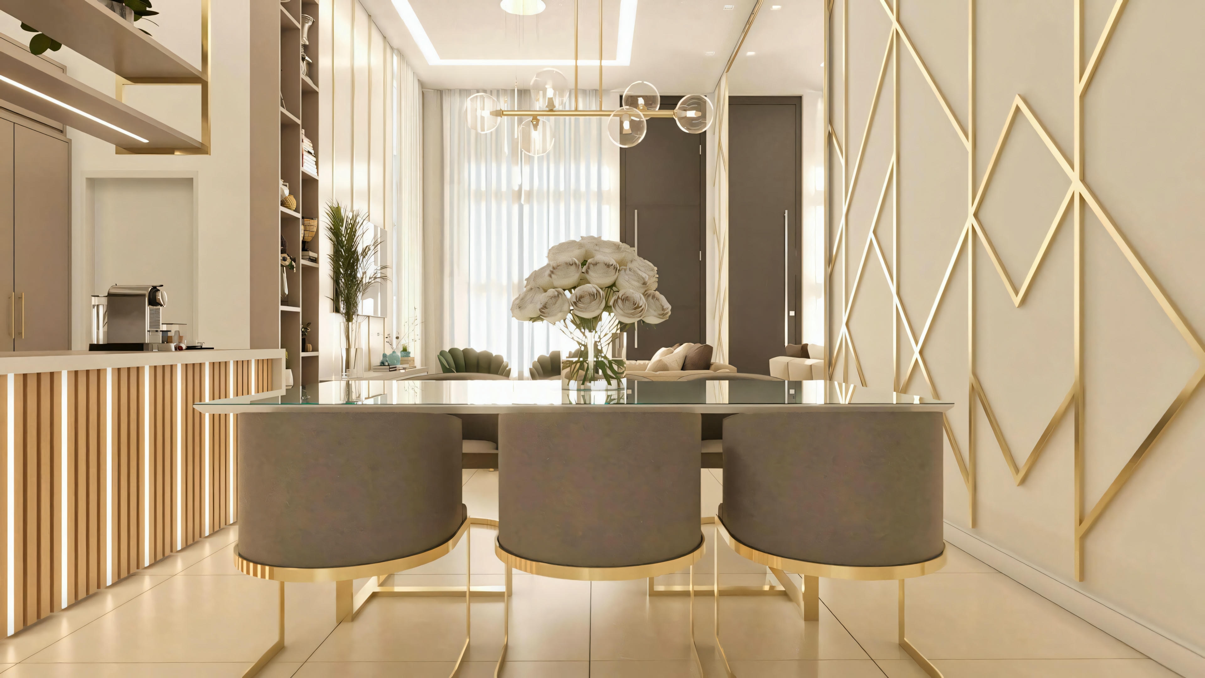 Dining room environment in a modern single-story house project (3 bedrooms), with a glass table, modern chairs, geometric gold decorative panel, and sophisticated pendant lamp.