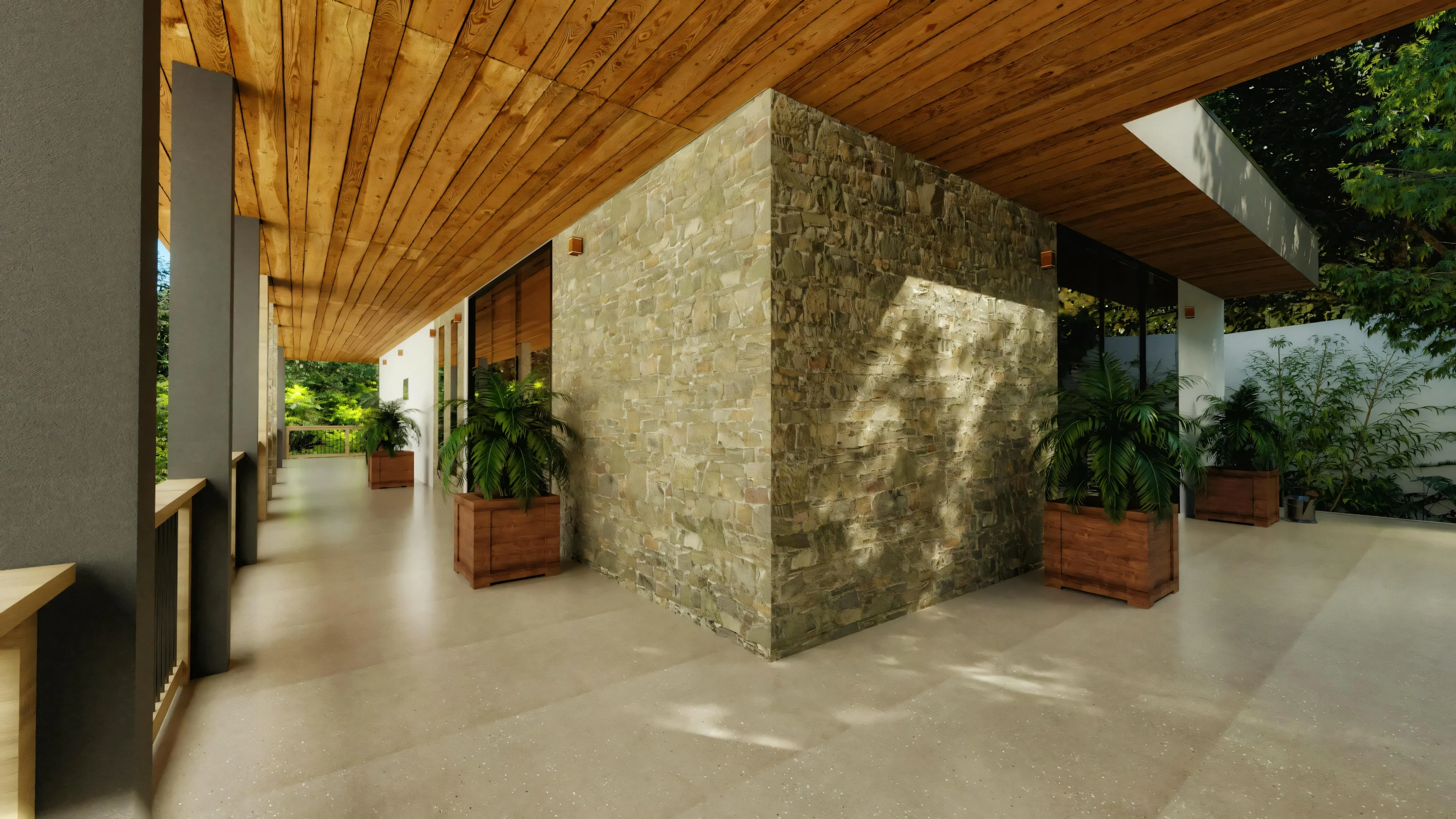Detalhe do revestimento em pedra da varanda de casa de campo com teto de madeira e piso claro.