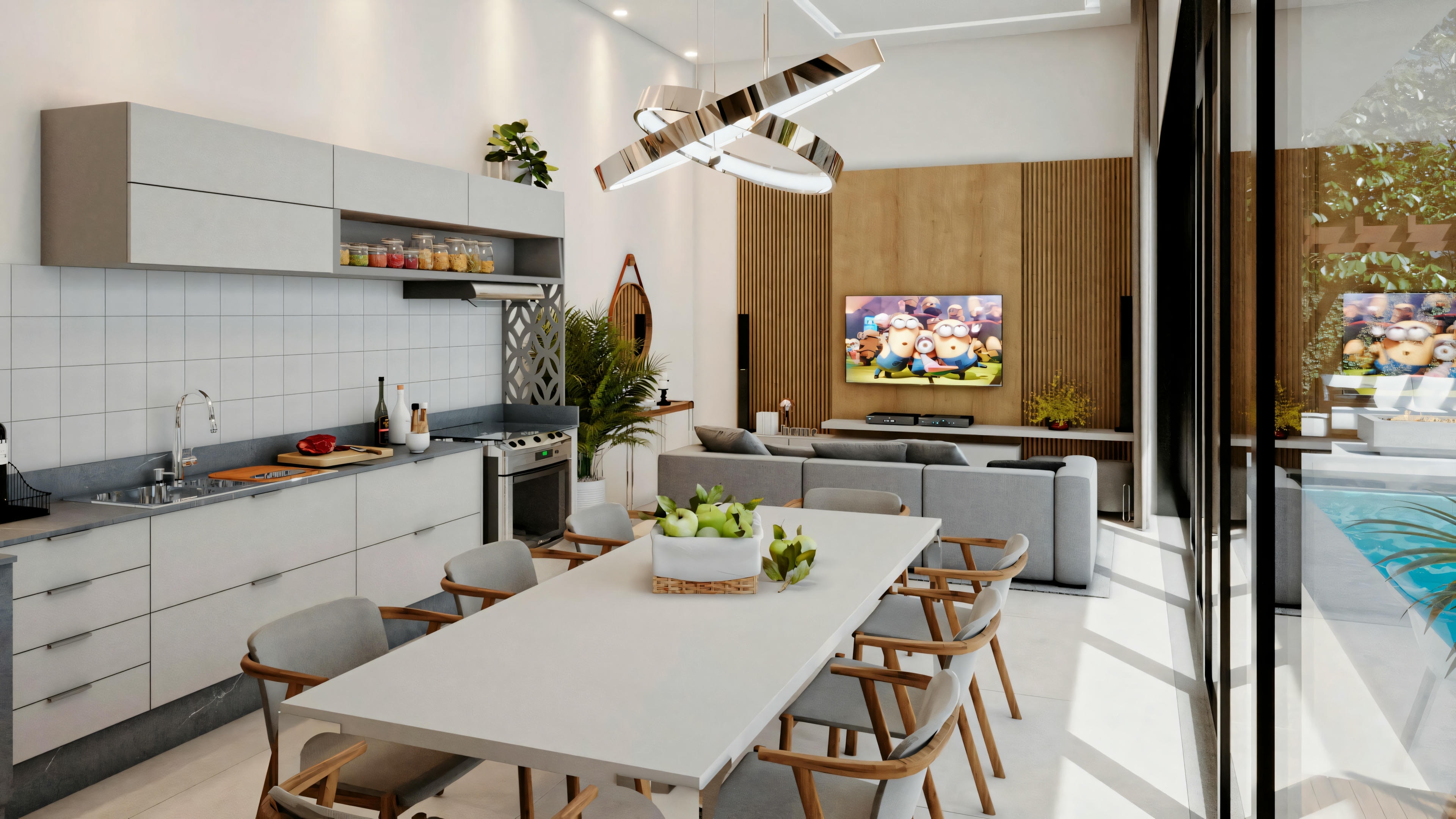 A dining area with a table for six and an open kitchen in the background.
