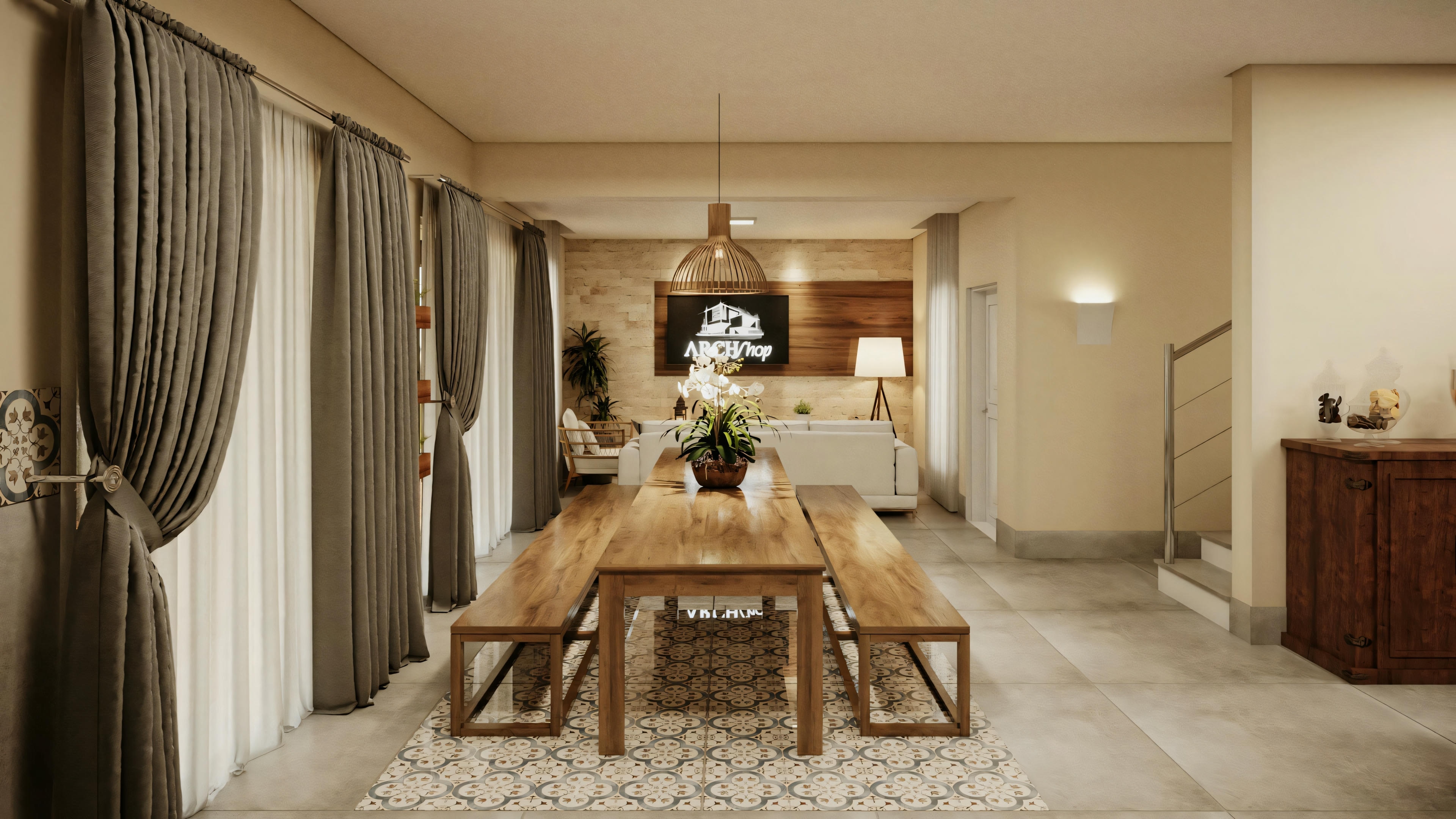 Dining area with wooden table set for a meal and pendant lights.