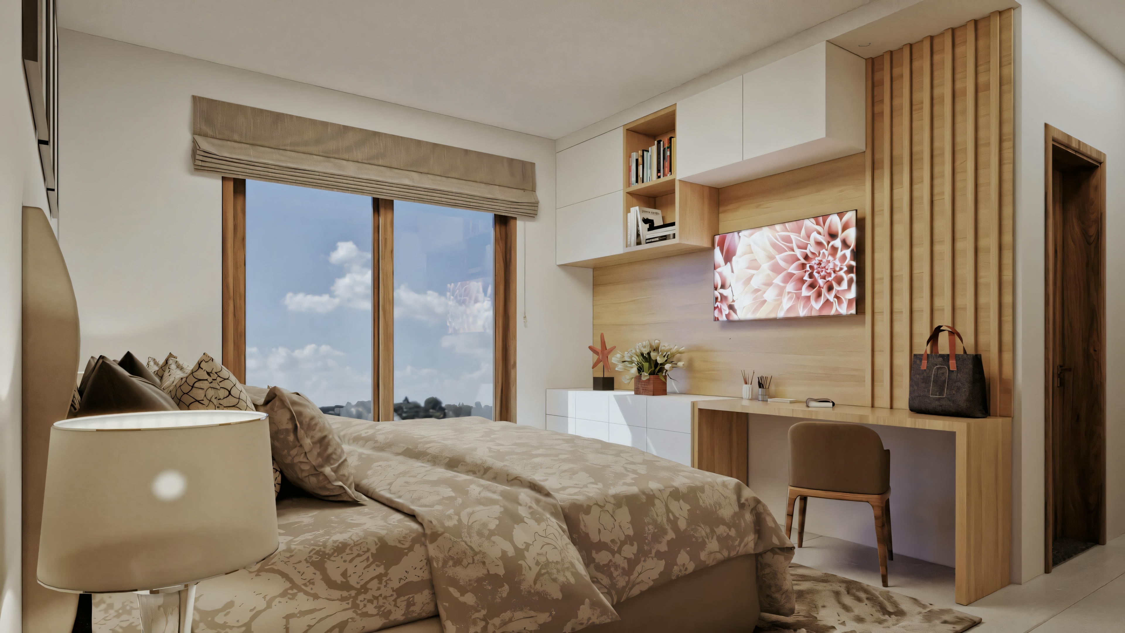 Un dormitorio con una gran ventana, paredes claras y cama con cabecera y panel lateral de madera que forma una división parcial. Hay un cuadro colgado en la pared opuesta a la cama.