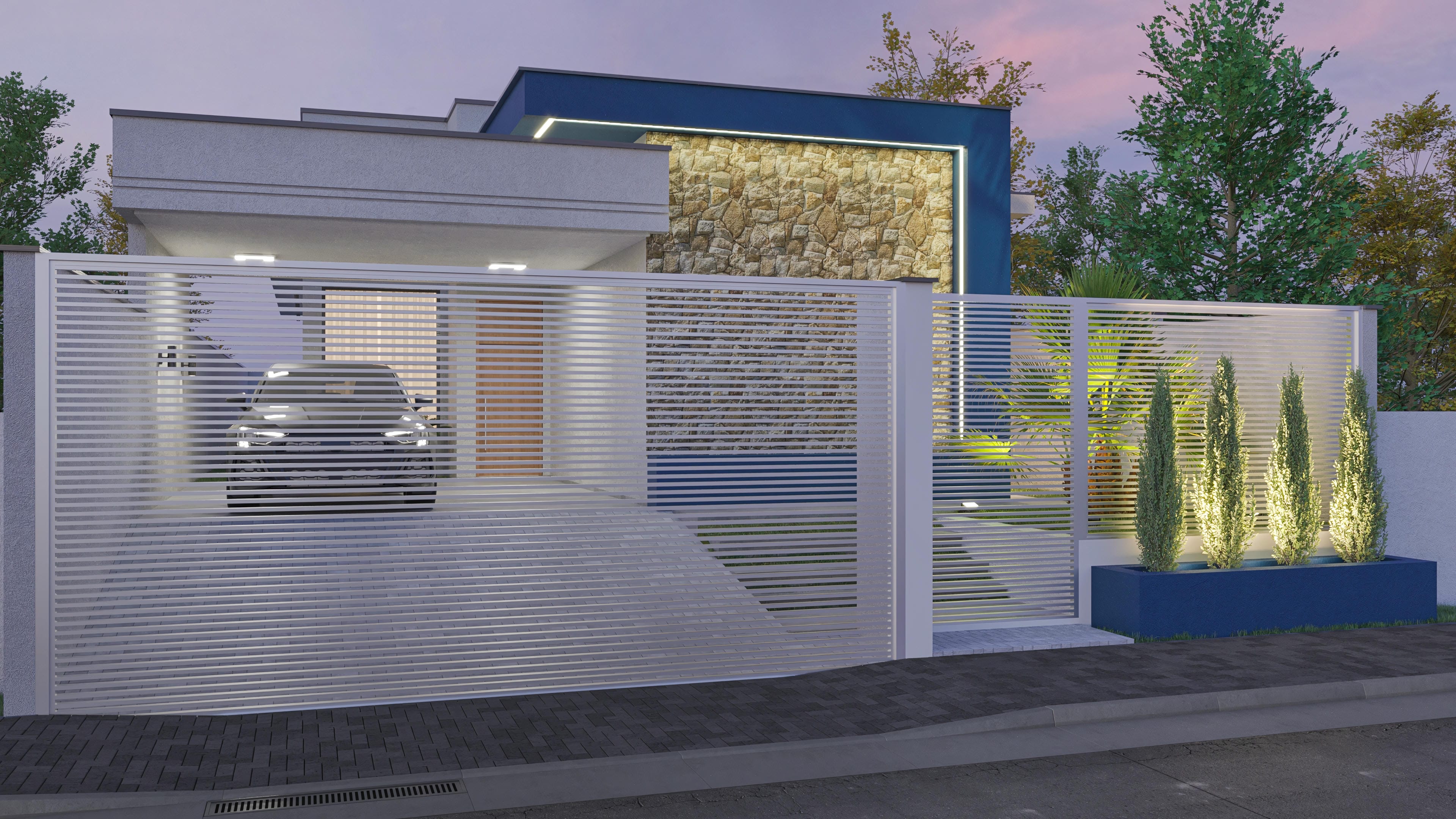 Fachada de casa moderna com 3 suítes, combinando textura em grafiato cinza, detalhes em pedra natural e um toque de azul vibrante, com iluminação em LED sutil.