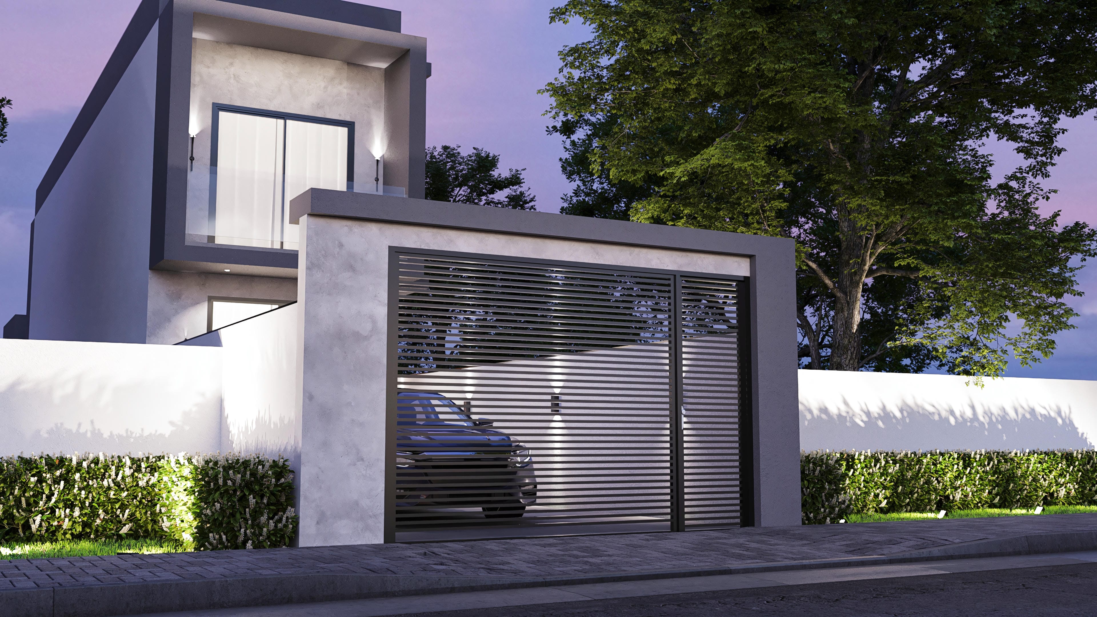Fachada moderna de sobrado com linhas retas, volumes contrastantes em tons de cinza e branco, e detalhes em concreto aparente. Inclui portão em metal ripado e iluminação embutida que valoriza o paisagismo.