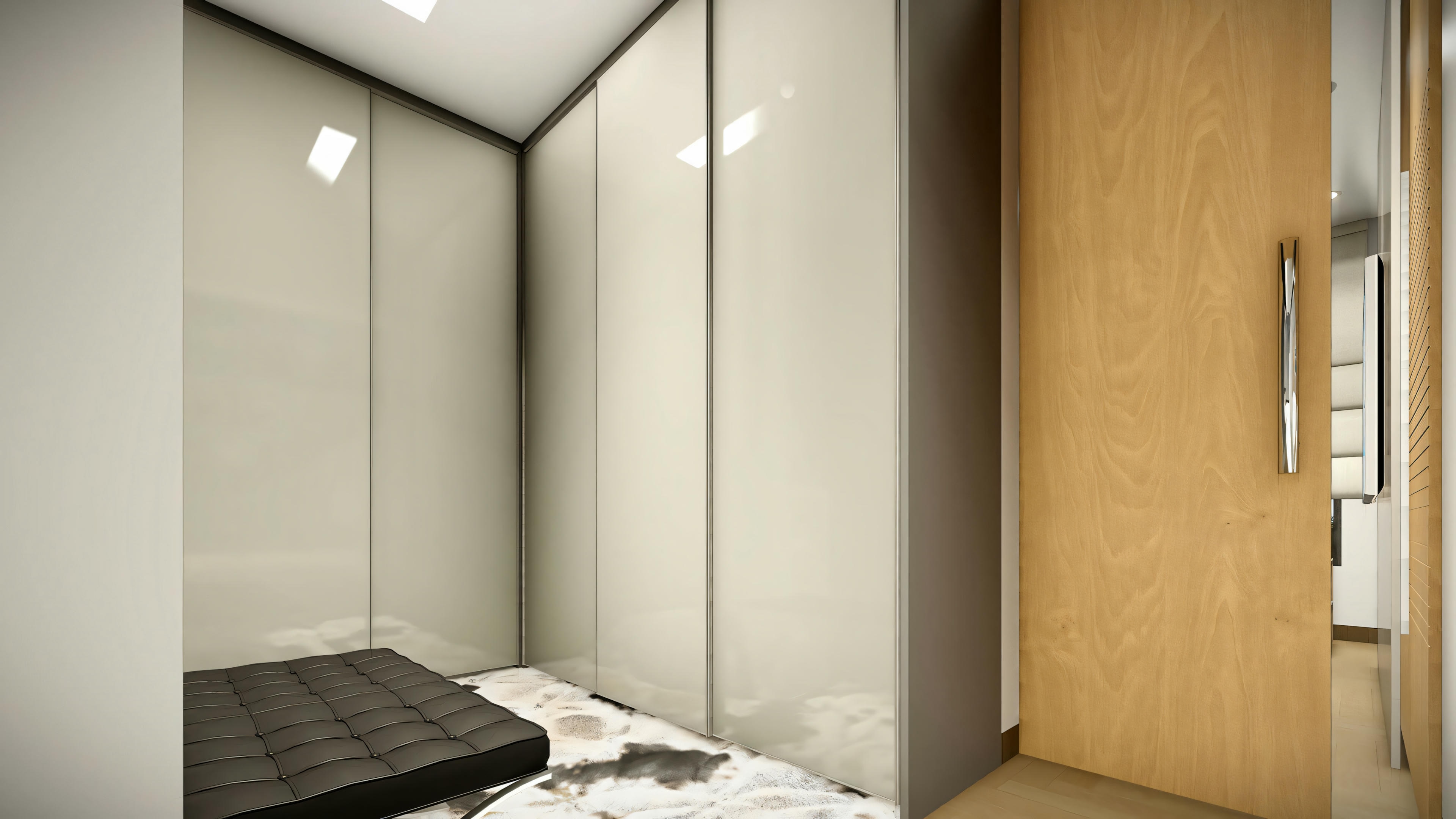 Una habitación con una cama y decoración minimalista.