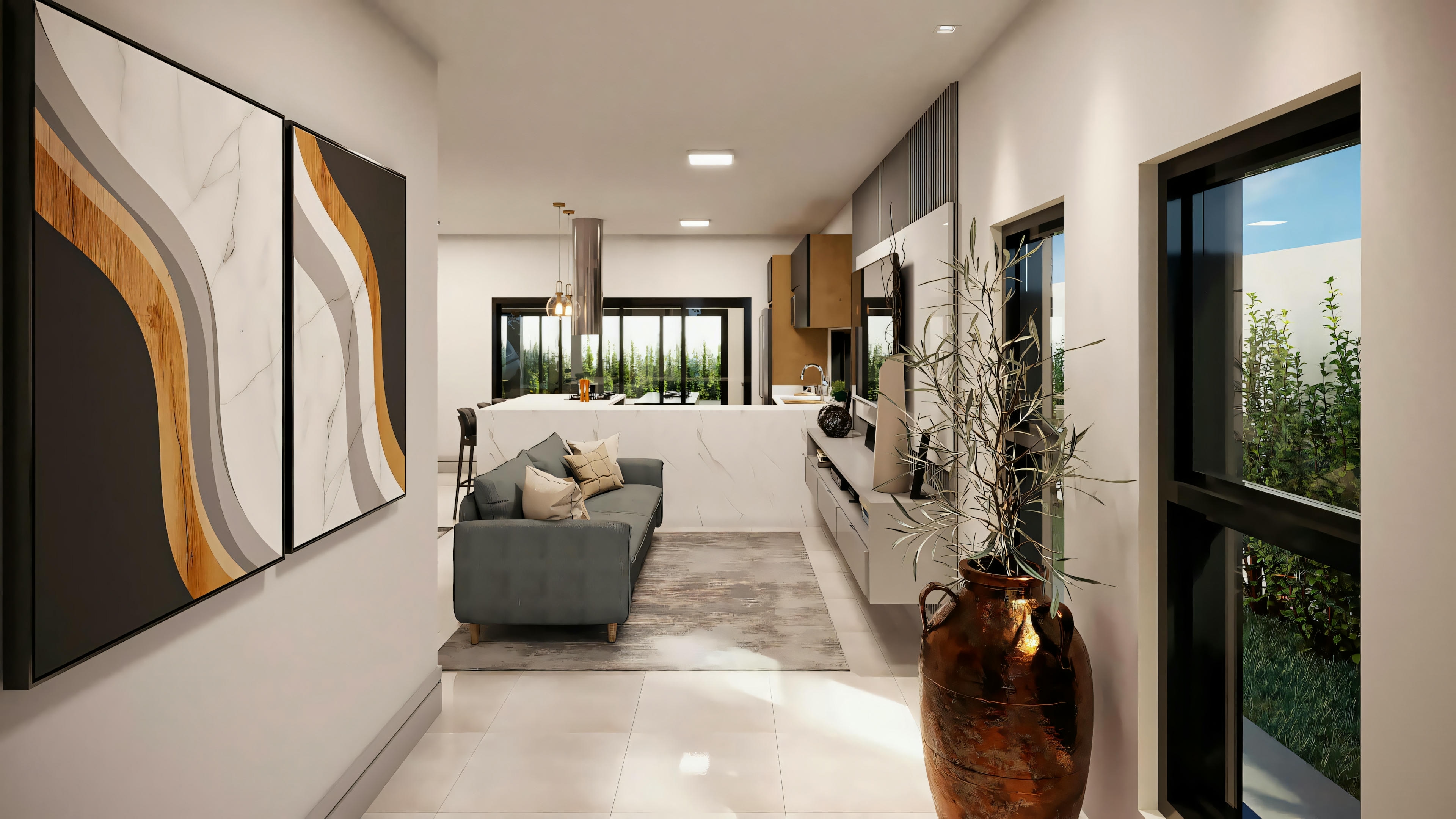 Hallway leading to a living room with framed artwork on the walls and potted plants.