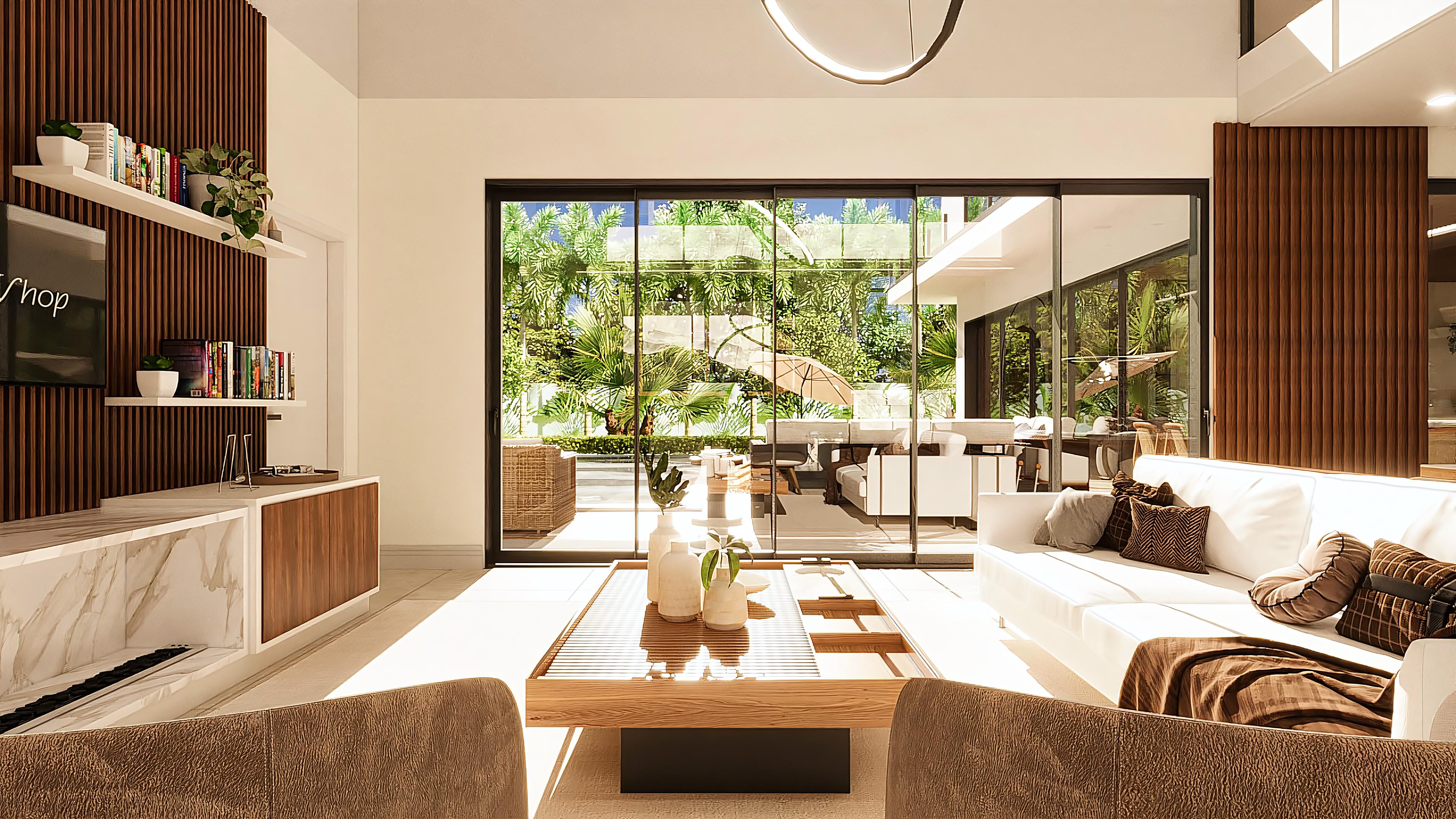 Living room integrated with the outdoor area and pool, highlighting wood panels, sophisticated furniture, and abundant natural lighting.