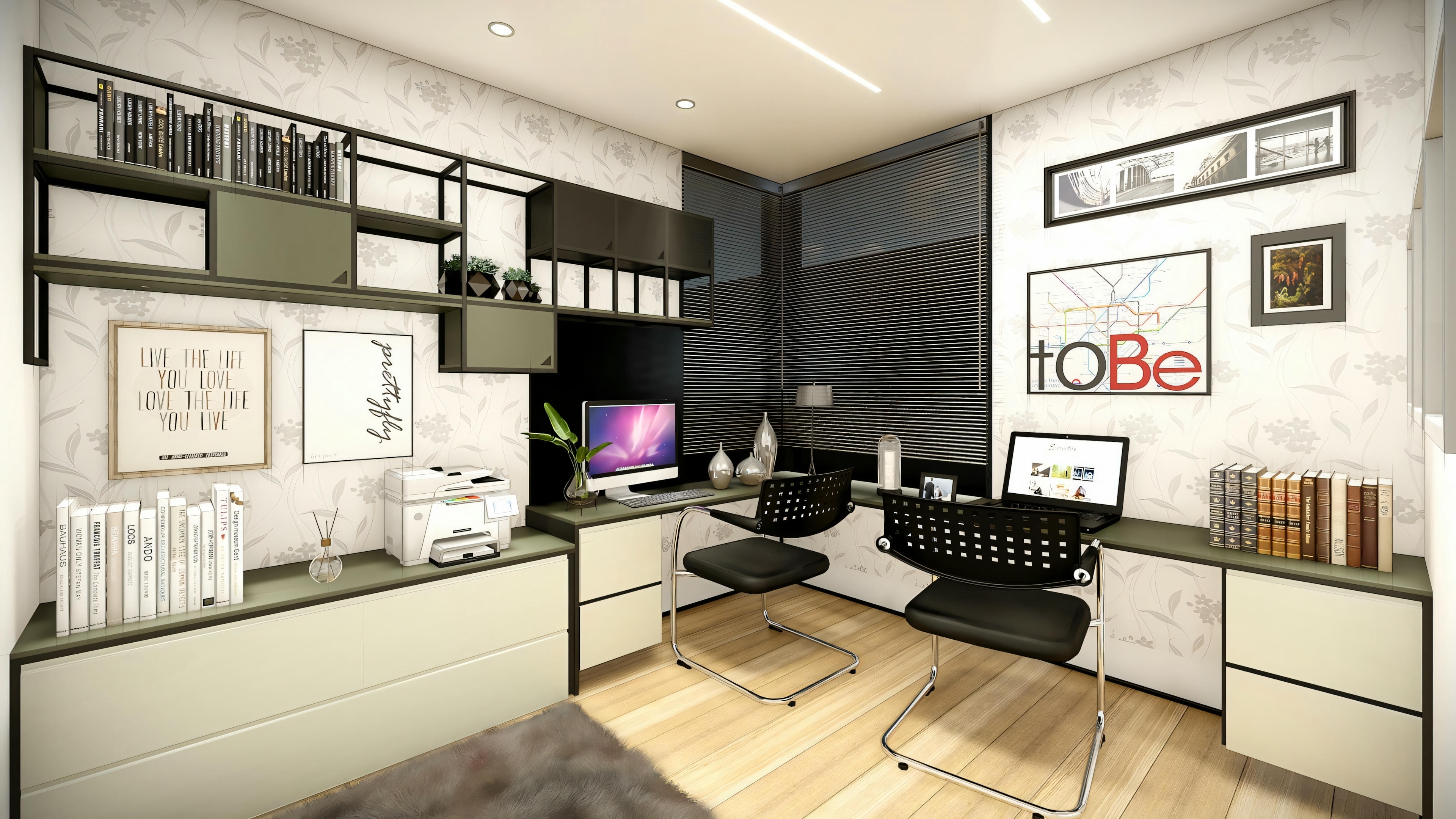 A modern home office with a desk, computer setup, decorative items on wall shelves, and a black and white color scheme.