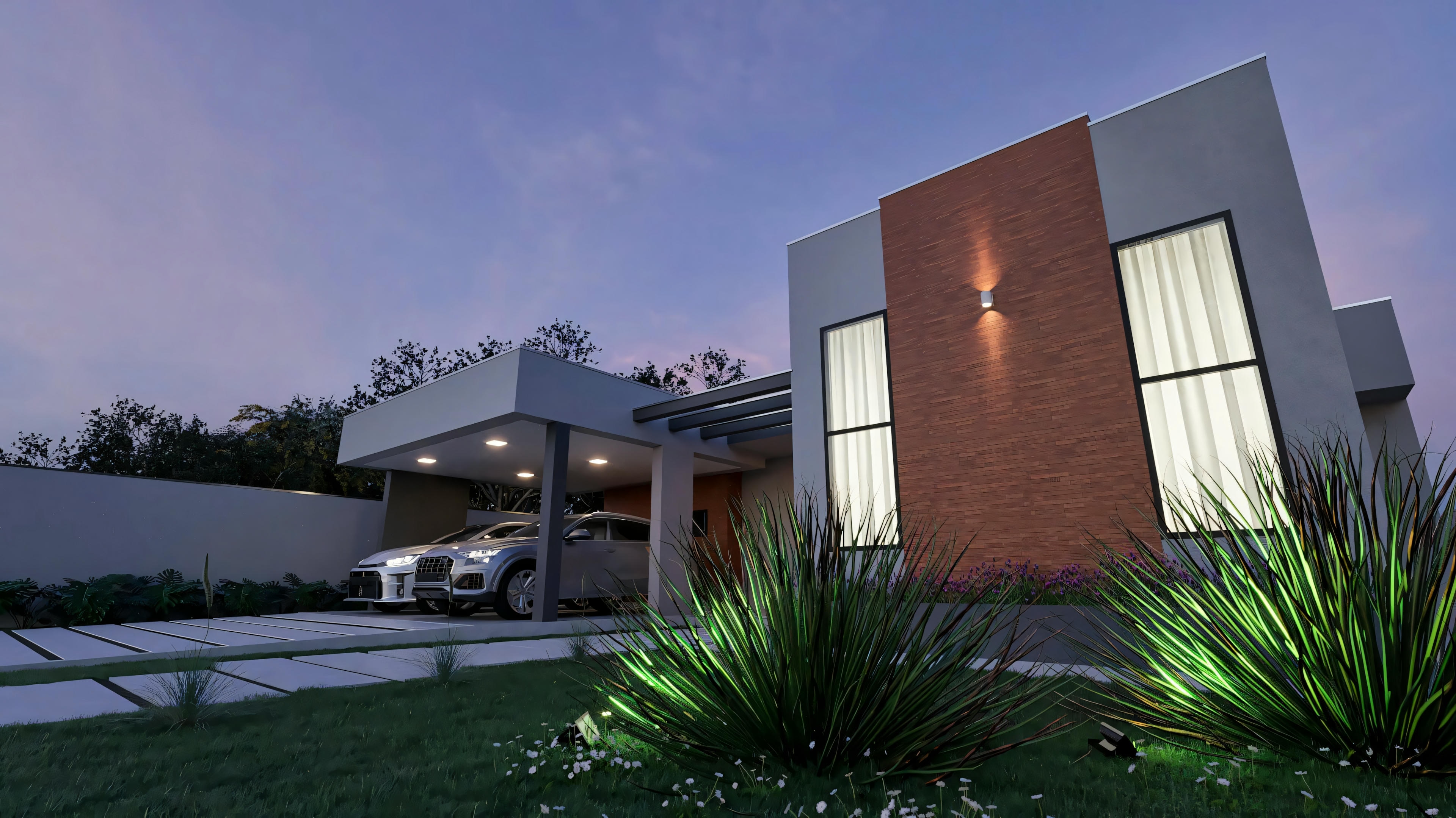 Night view of the illuminated front garden of a bungalow house with 3 suites; 276.43m² project with landscaping and external lighting.