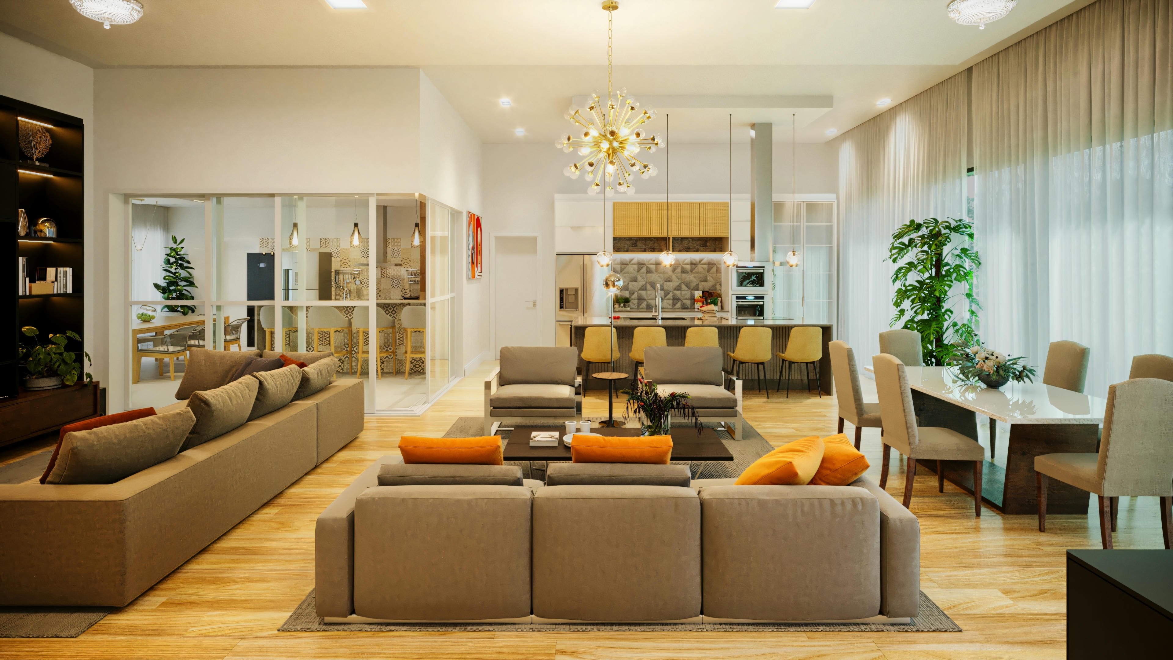 Luxury integrated social space in a house with 3 suites, pool and gourmet area. The image shows the living room, dining room and American kitchen with an island, wooden flooring, sophisticated lighting and visual access to other environments, such as the office. Perfect for a house with a pool and high-standard gourmet area.