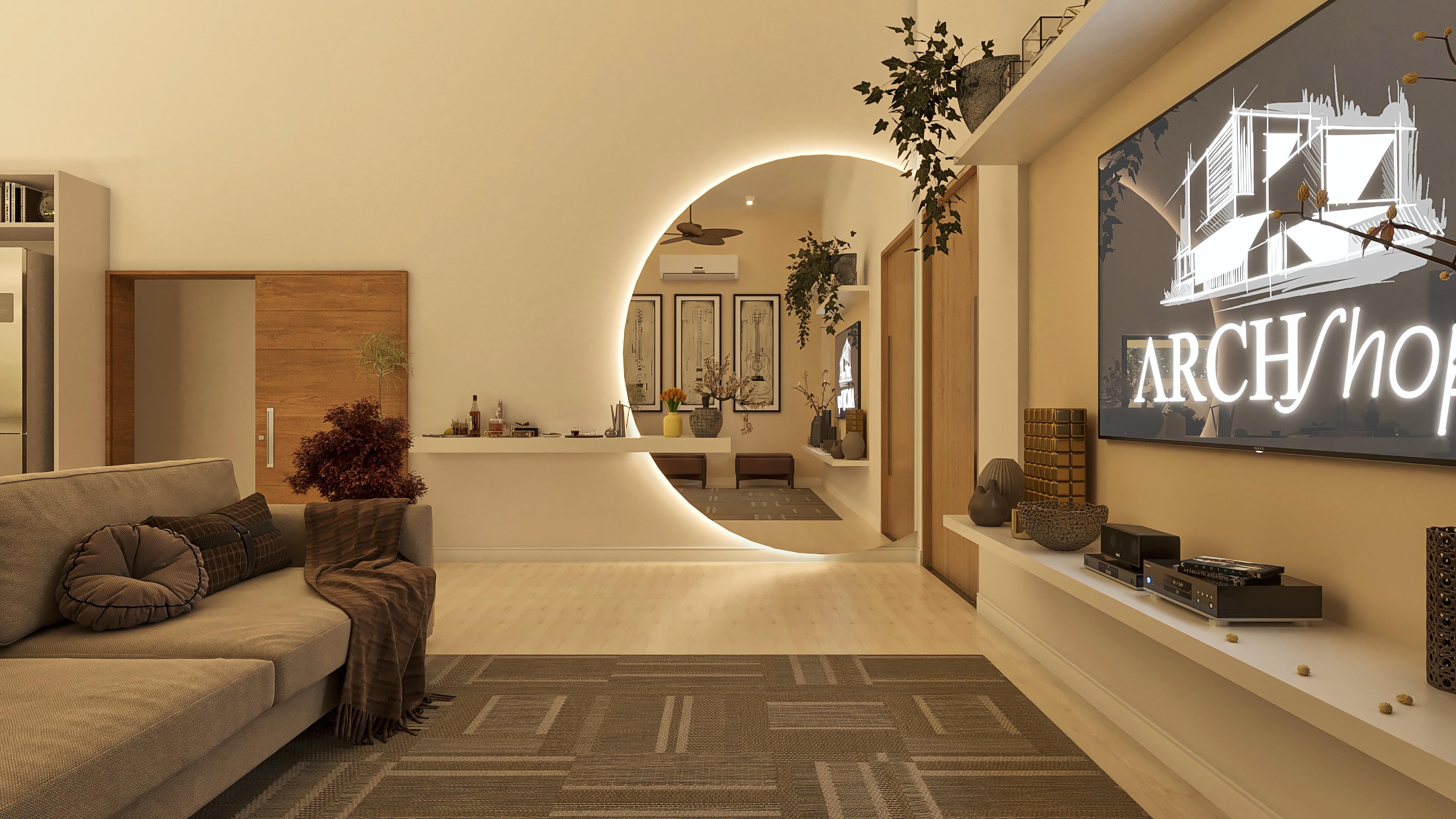 Internal environment with a beige sofa, circular mirror with LED lighting, large screen TV displaying an architectural project, wooden floor, and brown geometric rug.