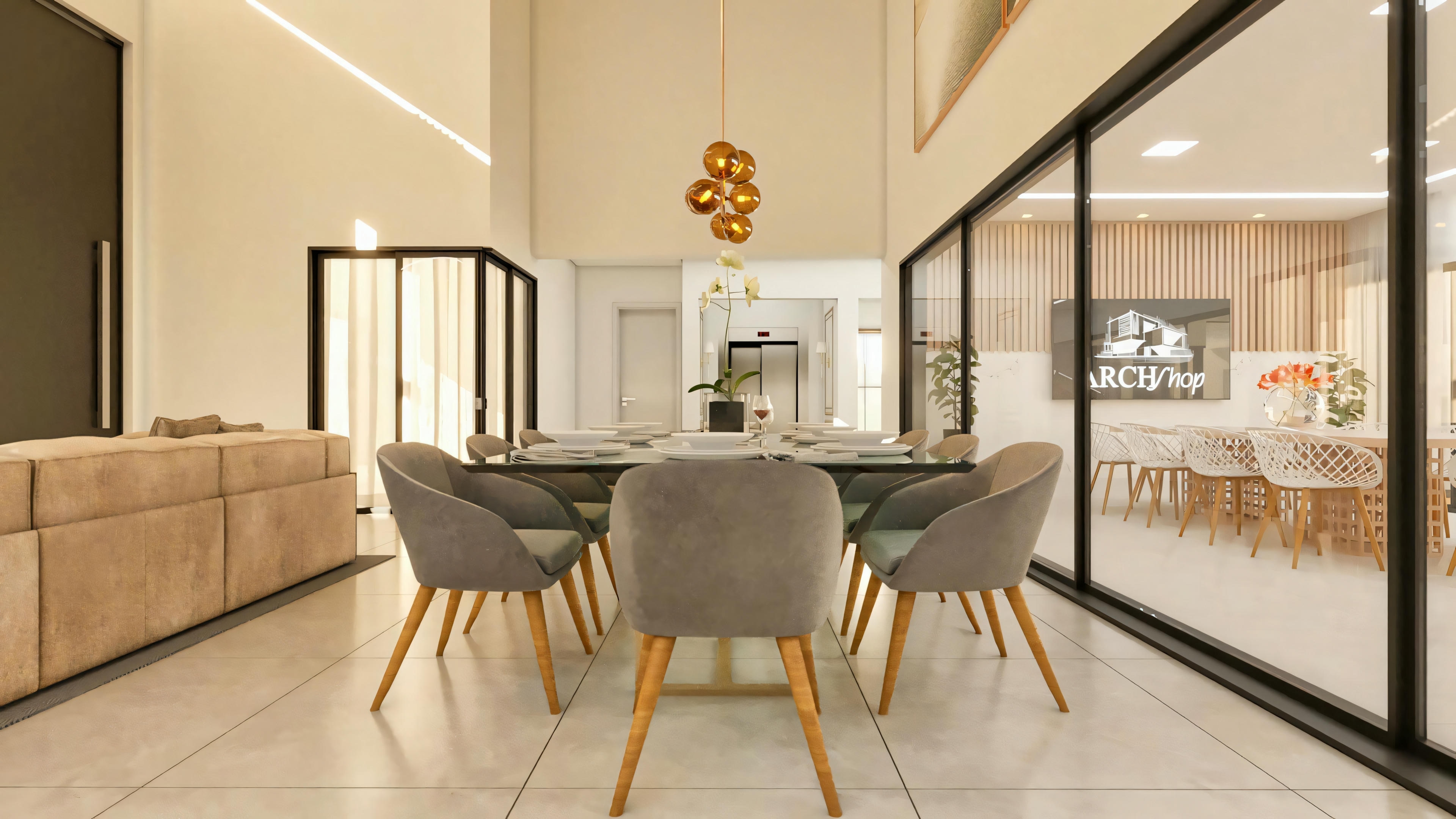 Ampla sala de jantar de projeto de casa de luxo com 4 suítes, destacando o pé direito duplo, grandes portas de vidro e acesso por elevador ao fundo.