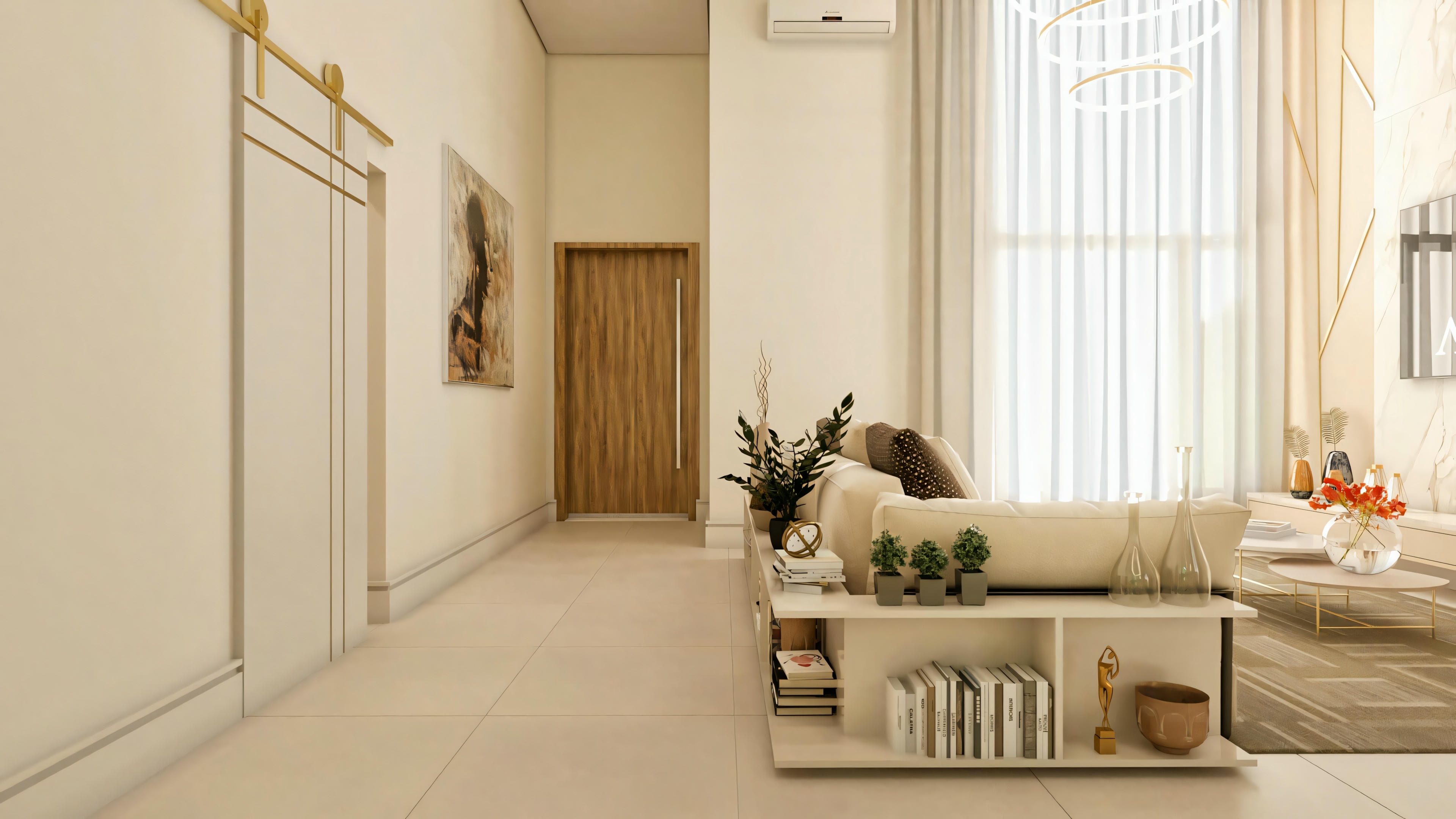 Internal circulation hallway in a ranch house with 3 bedrooms (3 suites), showing access to the private area with a wooden door in the background and a large sliding door with an apparent golden track on the side. Partial view of the living room and shelf.