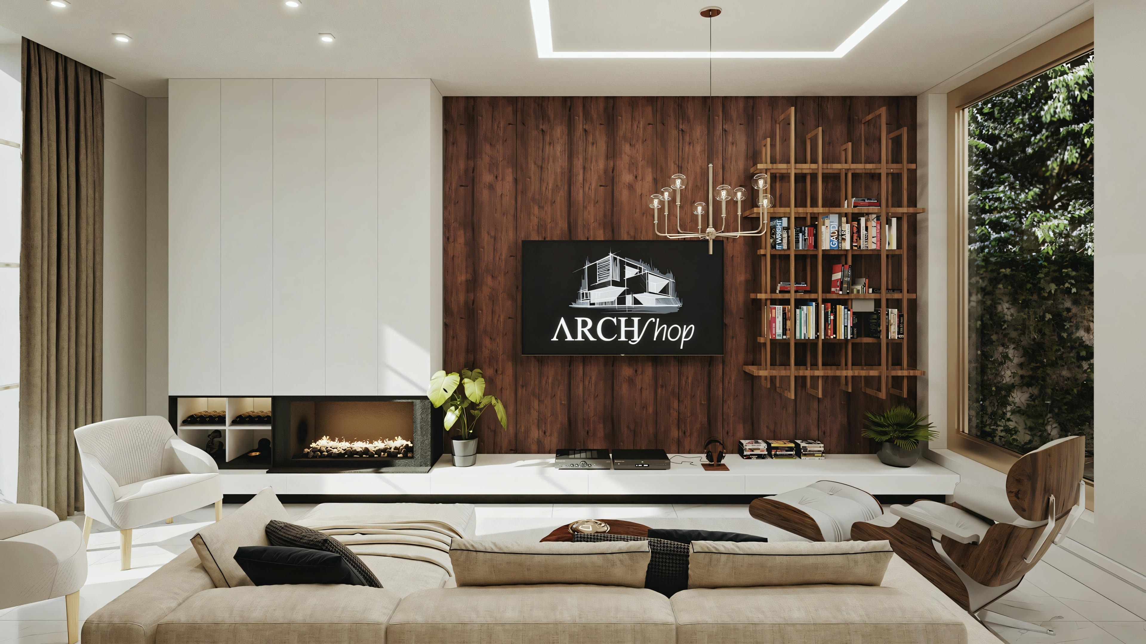 Another living room with light-colored furniture, wood details, and wall decorations that include script text.