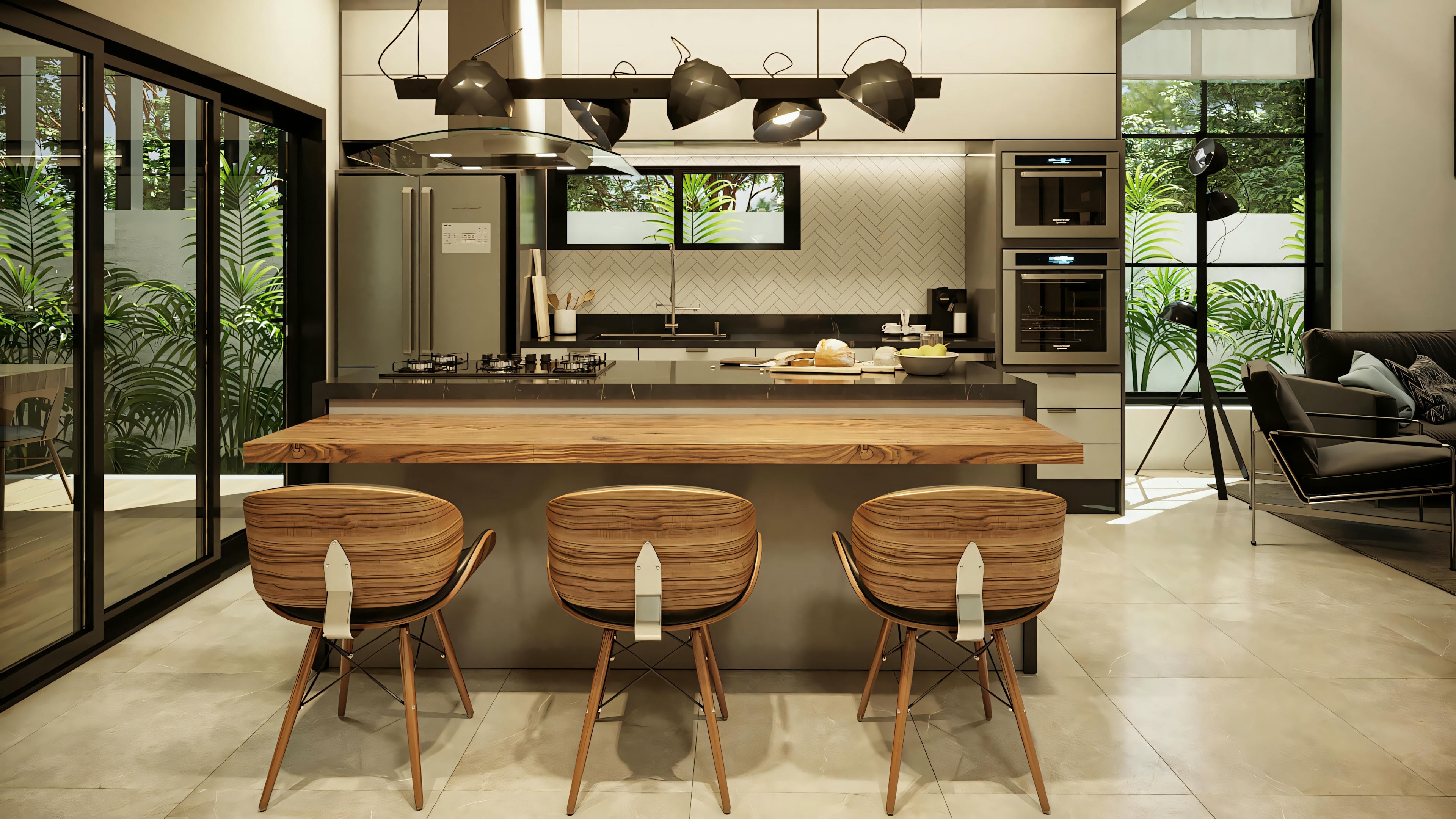 Modern dining area with a long table, chairs, and pendant lights.