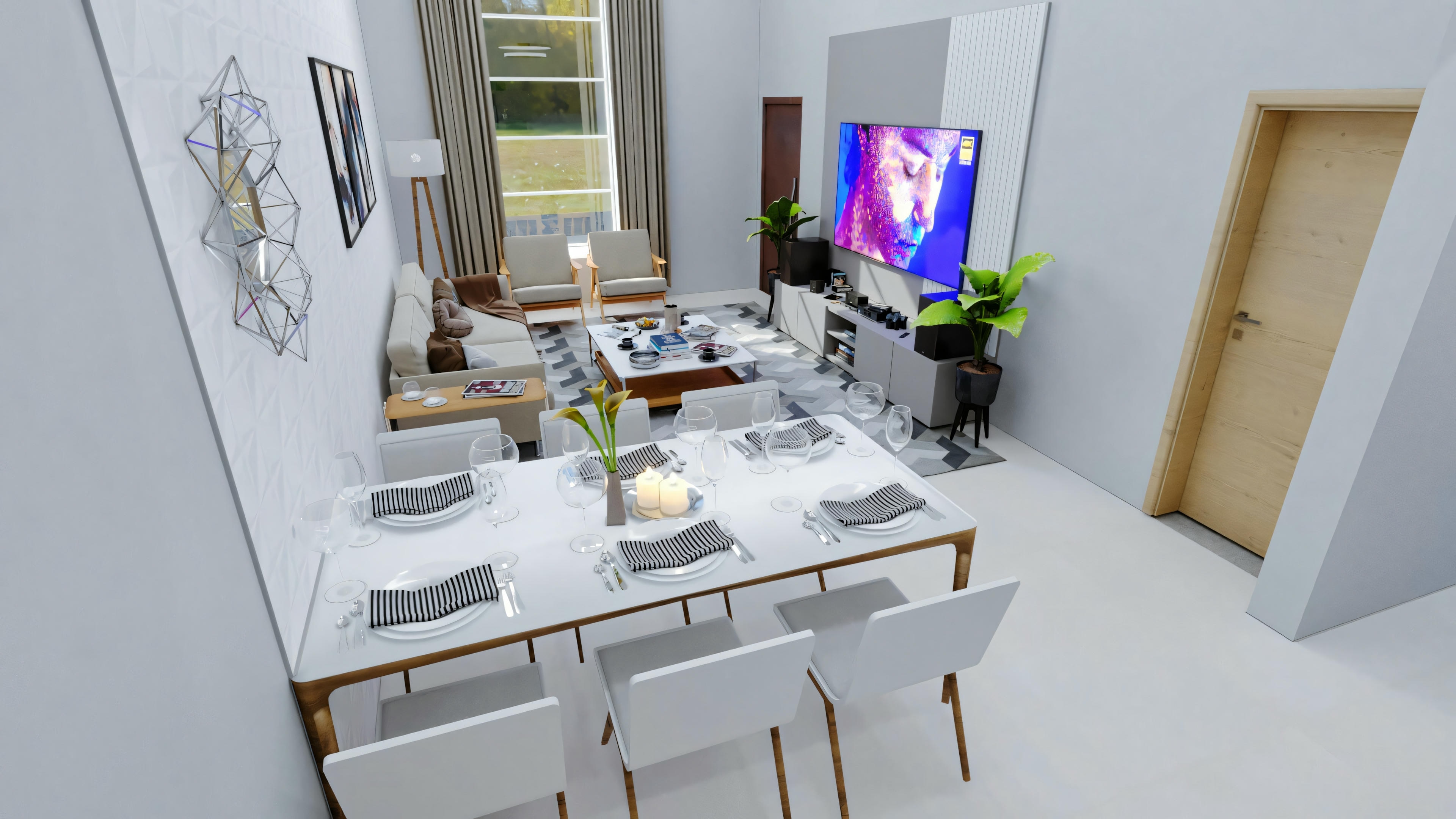 Another view of the same dining room, showing the table with place settings and part of another abstract art piece on the wall.