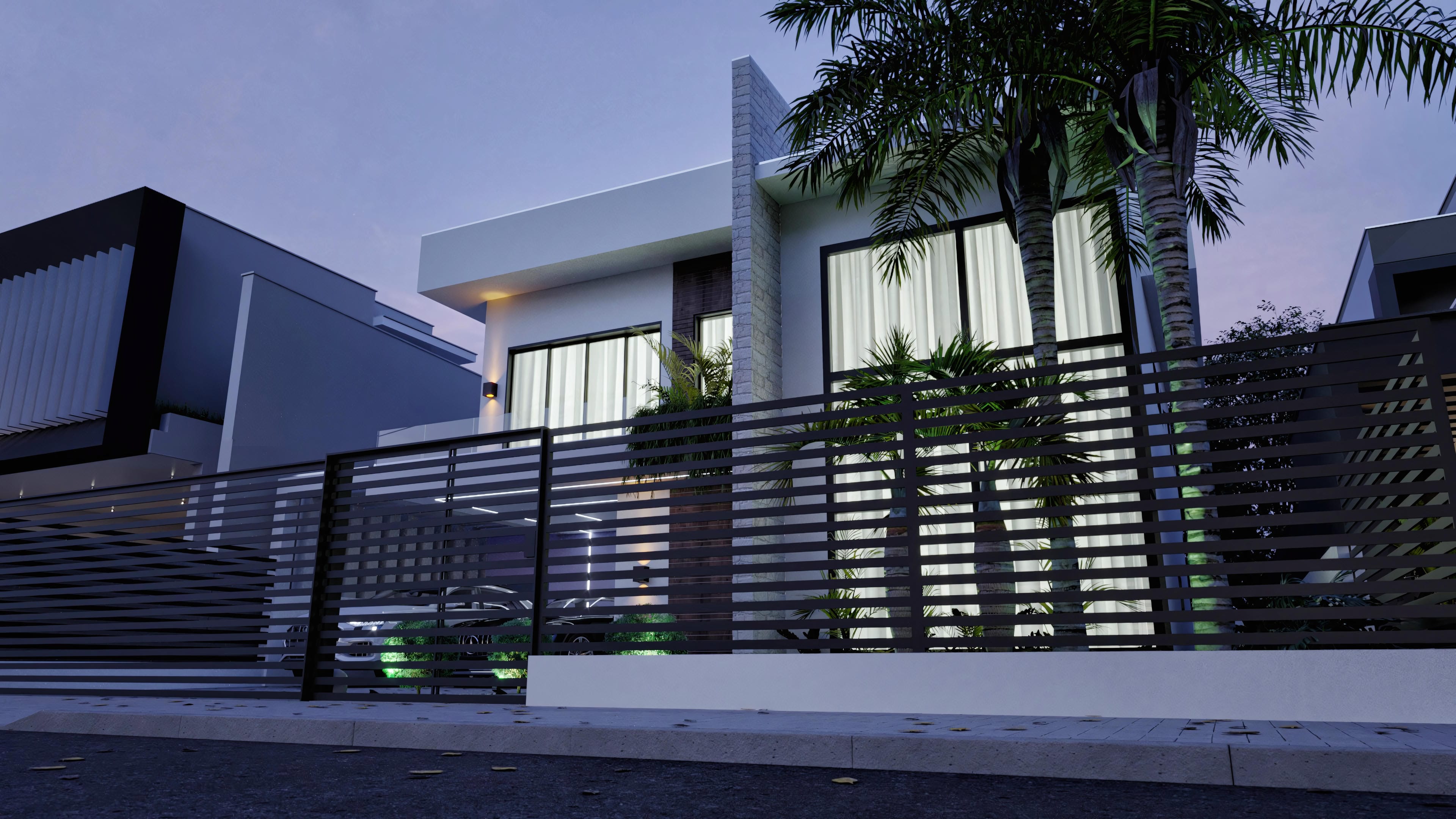 Modern two-story house facade with contrasting volume blocks, light stone cladding and dark wood details.