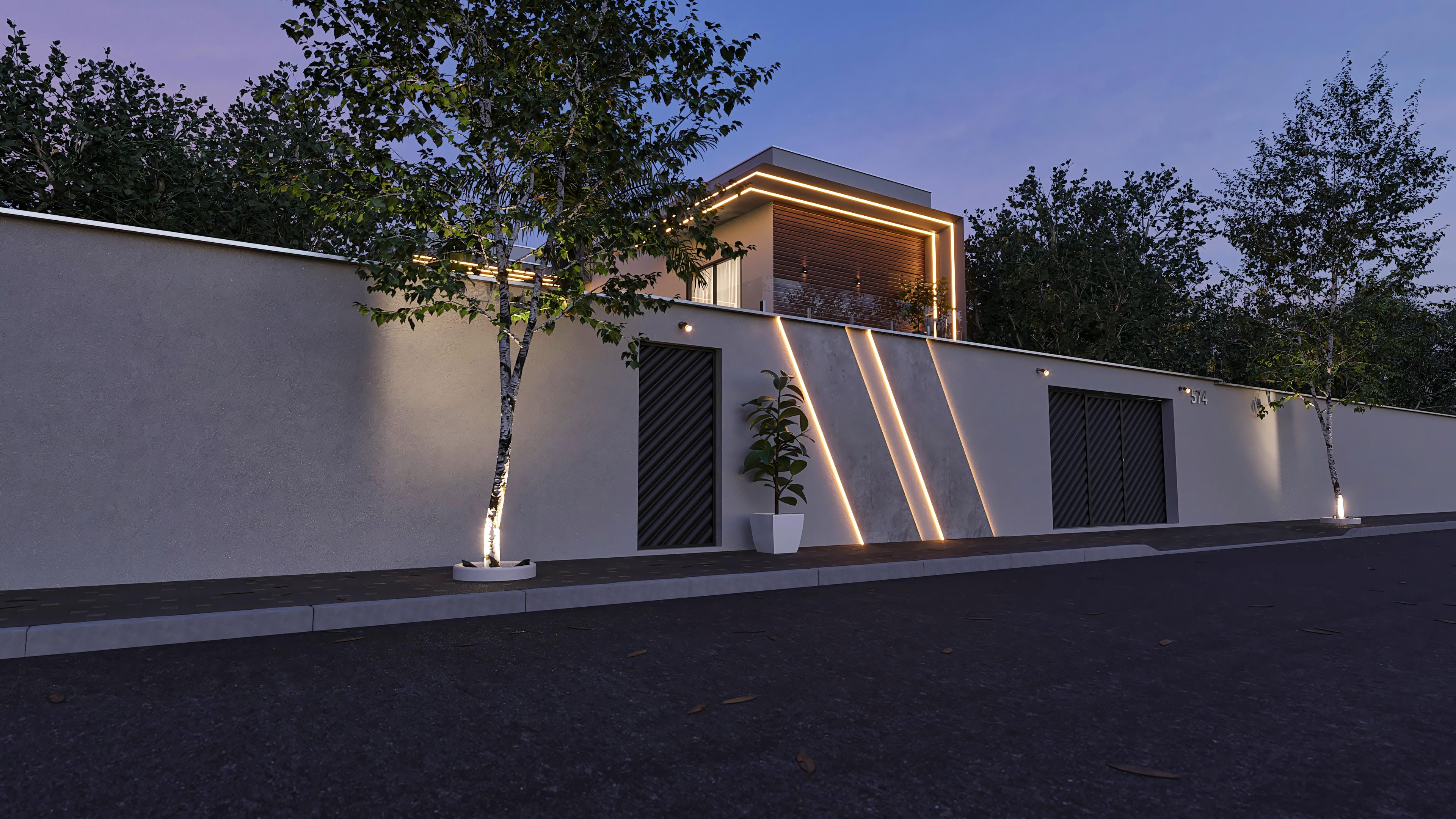 Modern facade of a two-story house with LED details, wood texture, and striking volumetry. Project with 4 suites and integrated gourmet area.