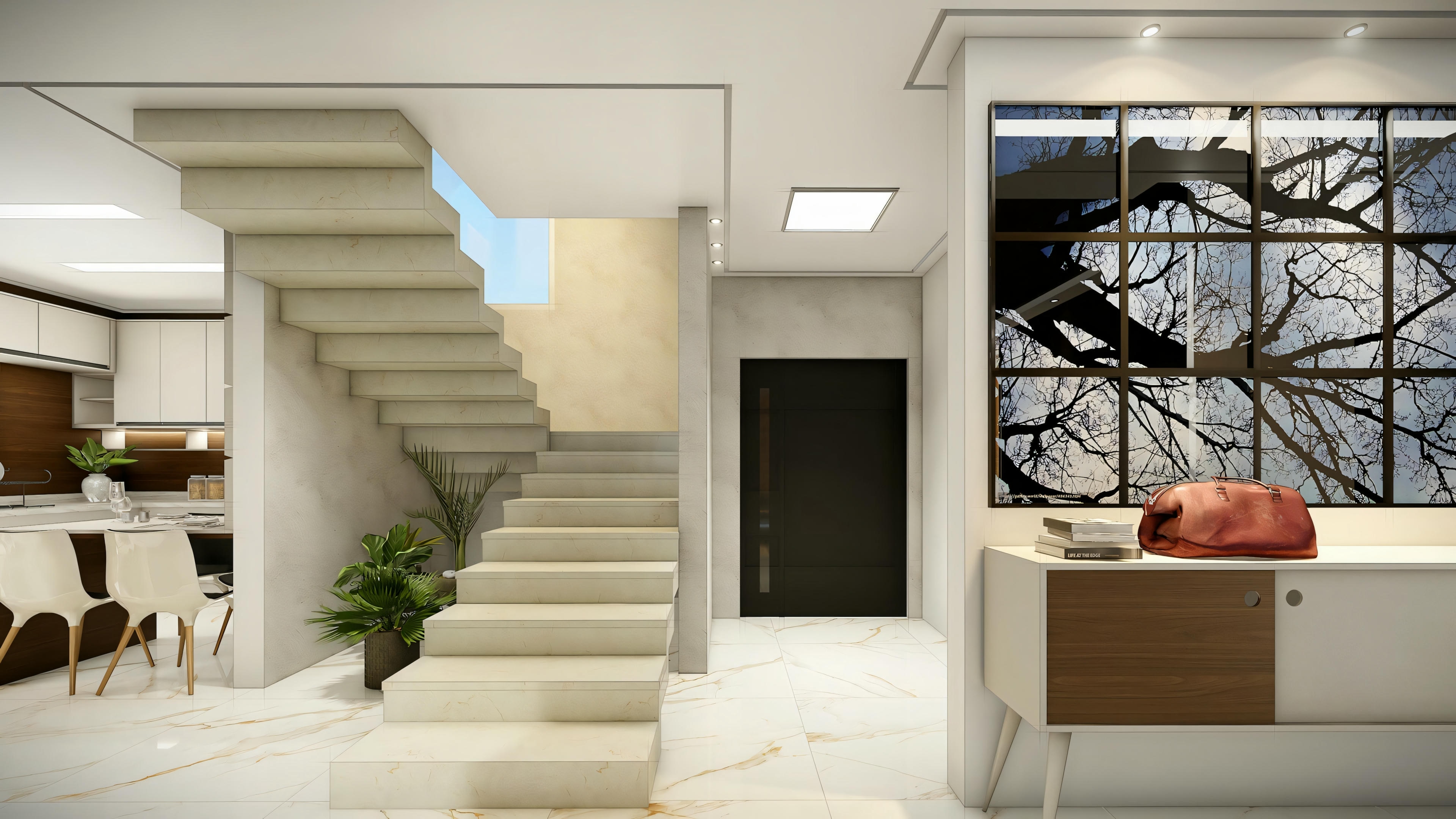A modern interior space with an elegant staircase.