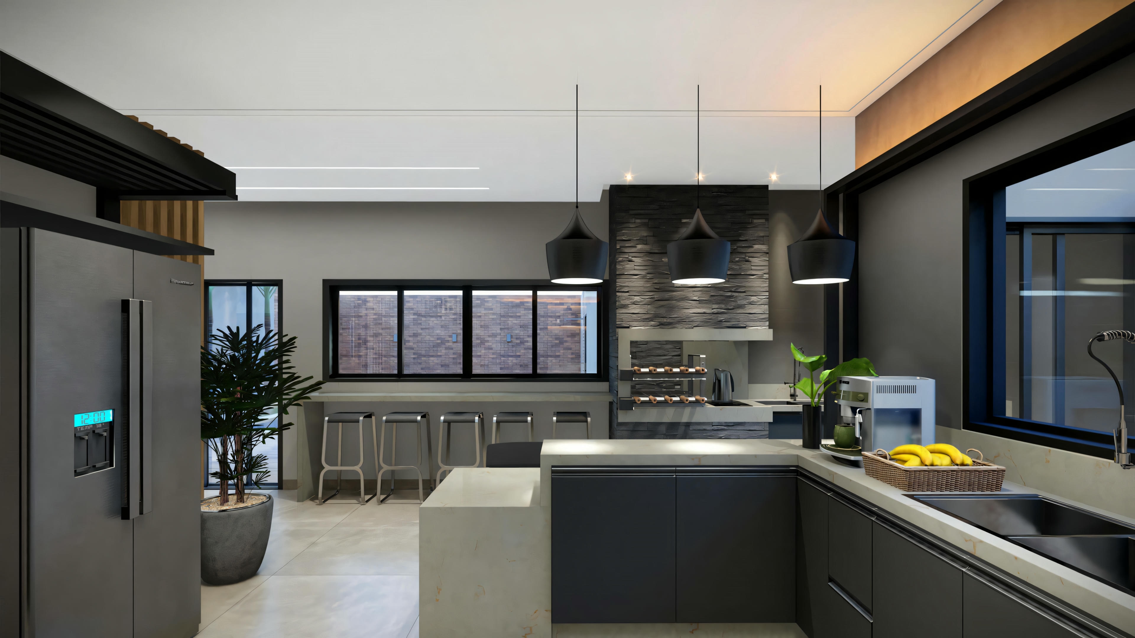 Modern kitchen with center island, pendant lights, and built-in appliances.