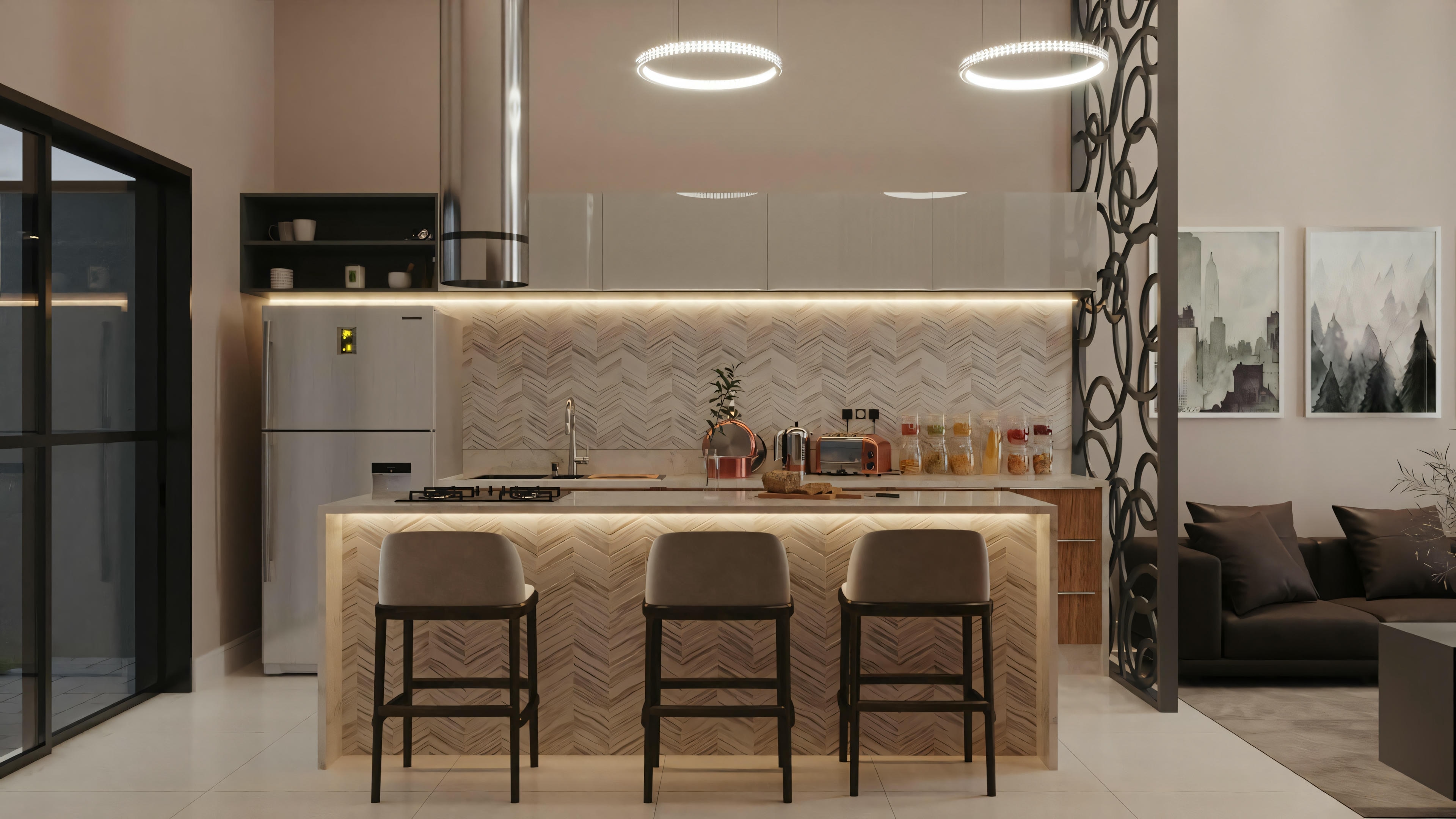 A modern kitchen with stools, pendant lights, and cabinets.