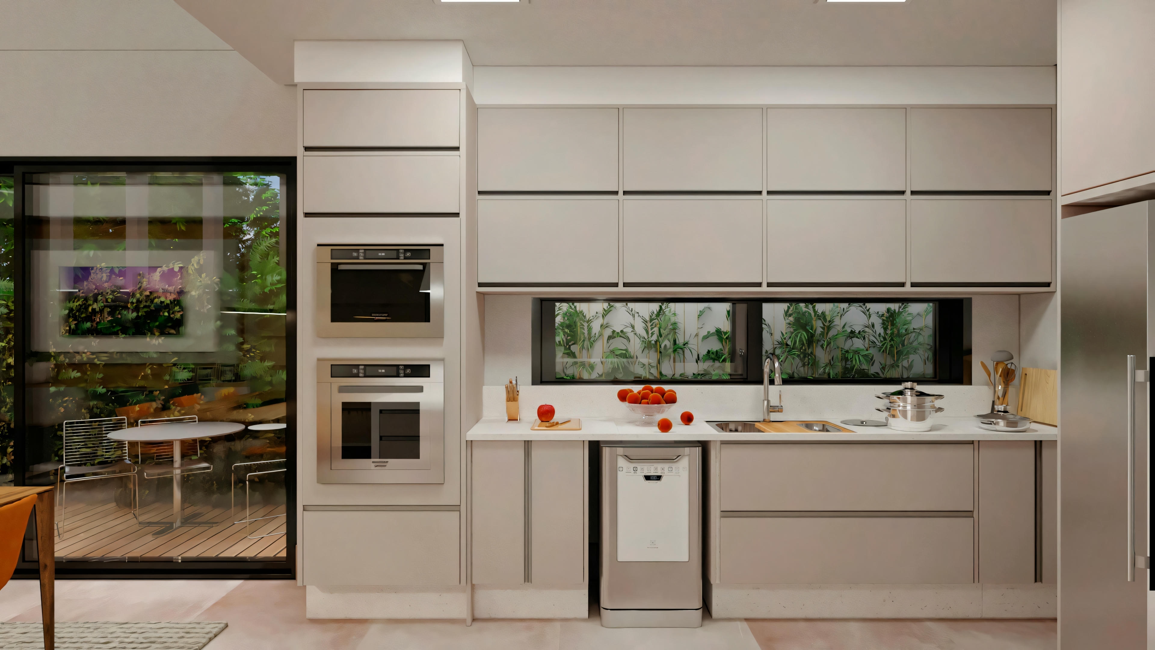 View from a different angle of the same room, focusing on the kitchen area with white cabinets, built-in appliances, and a view of an outdoor patio through glass doors.