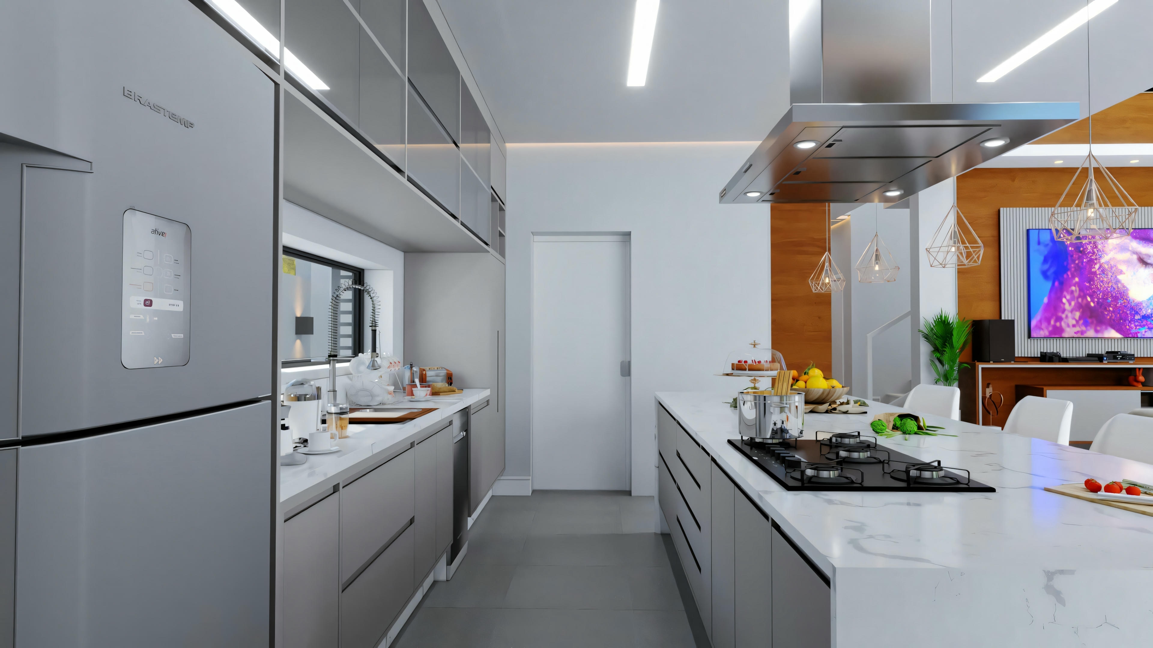 Part of a modern kitchen with appliances and cabinets.