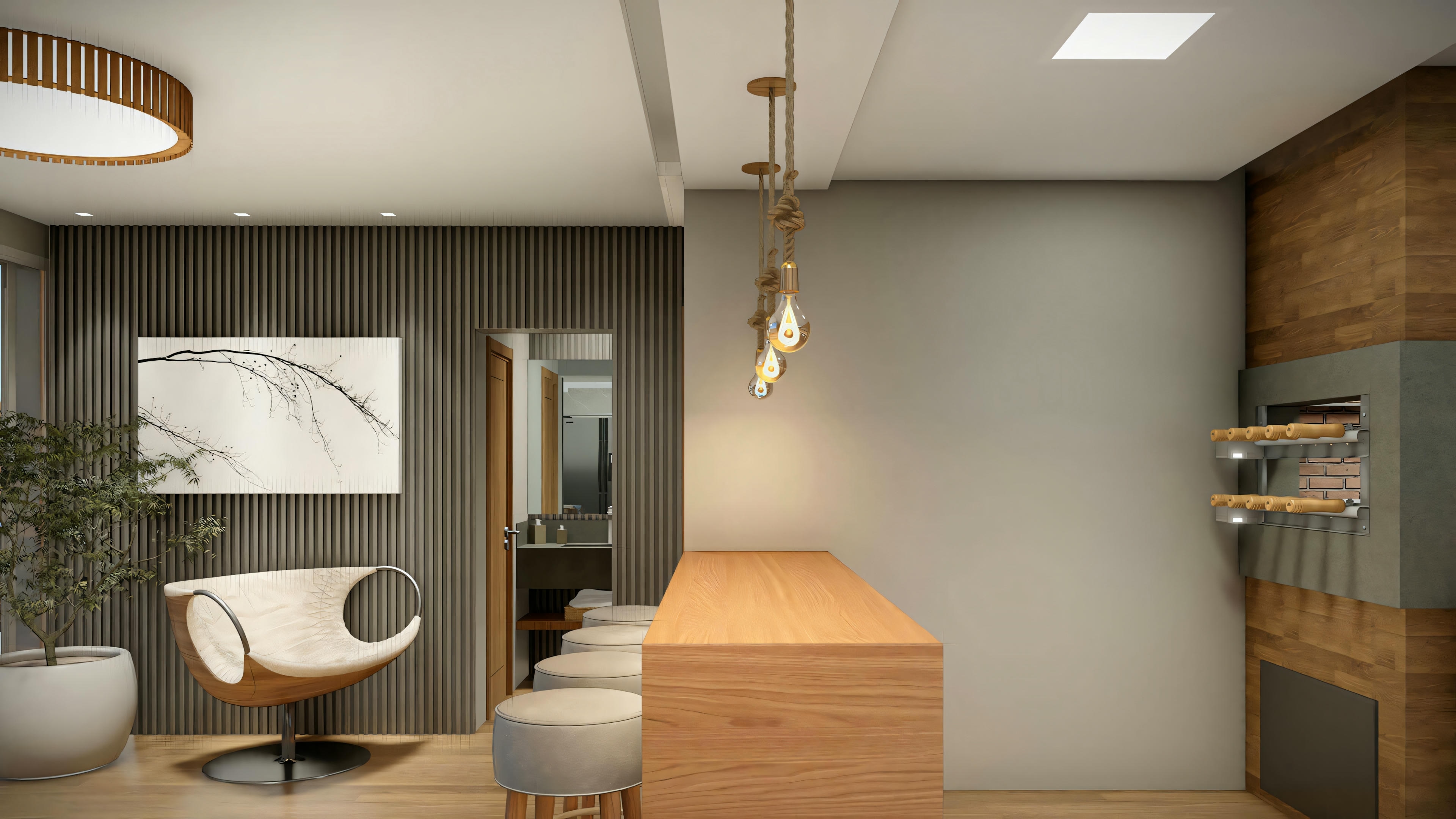 A modern kitchen with wooden cabinets, white countertop, and pendant lights, with a dining area and living room in the background.