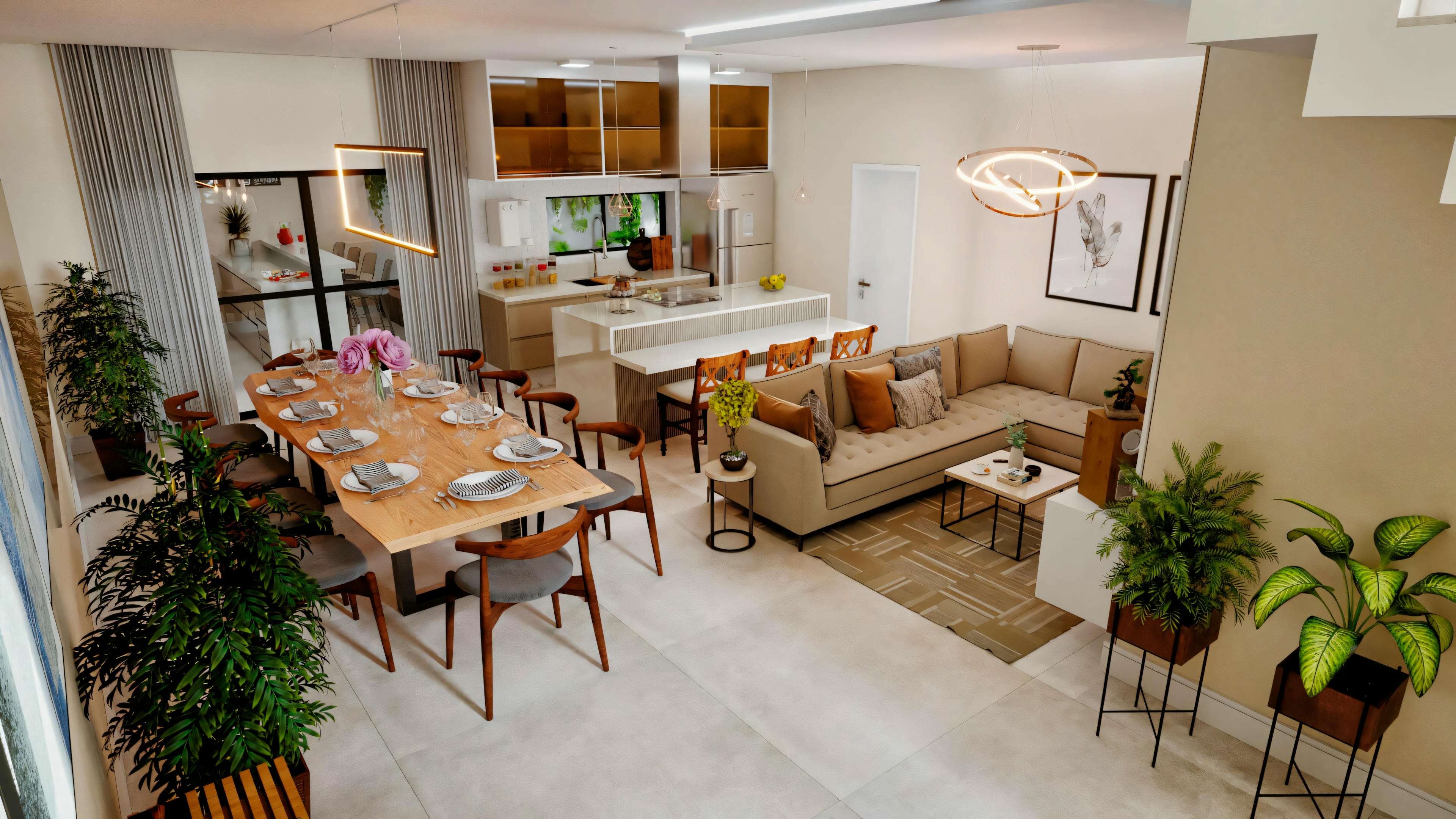 A modern interior space that includes a dining area with a set table and a living room with sofas and a coffee table.