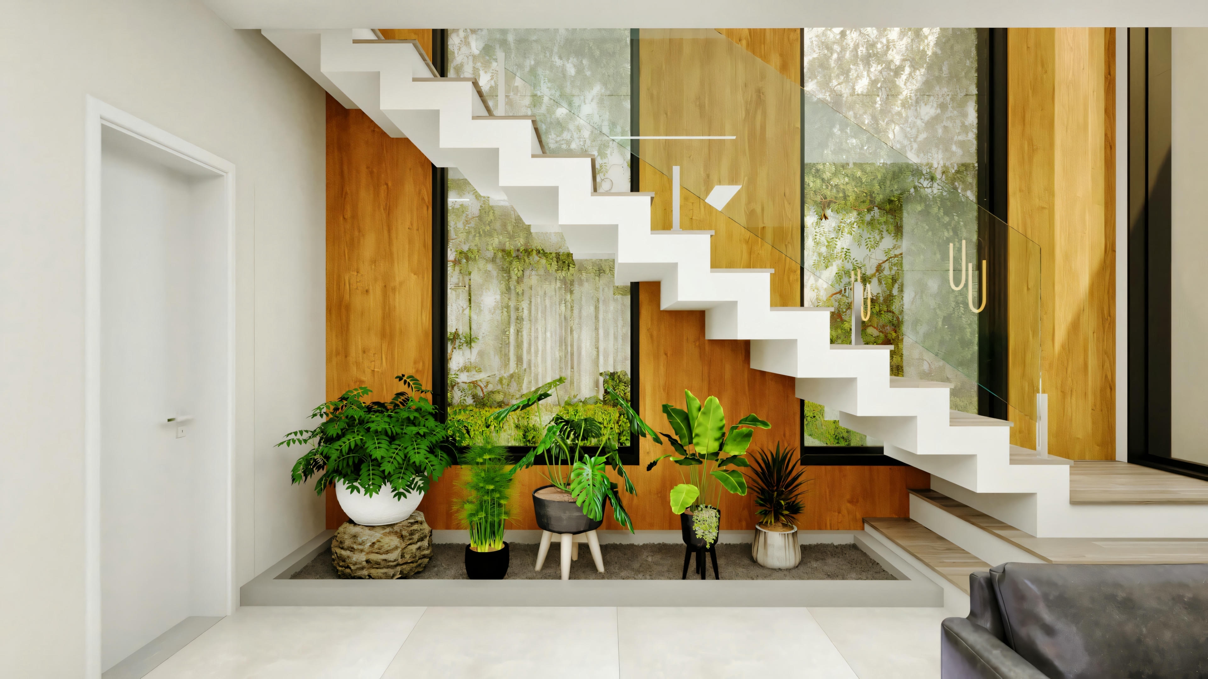 Detail of the modern open staircase with white steps and glass railing. Base with internal garden/planter and wooden panel at the back.