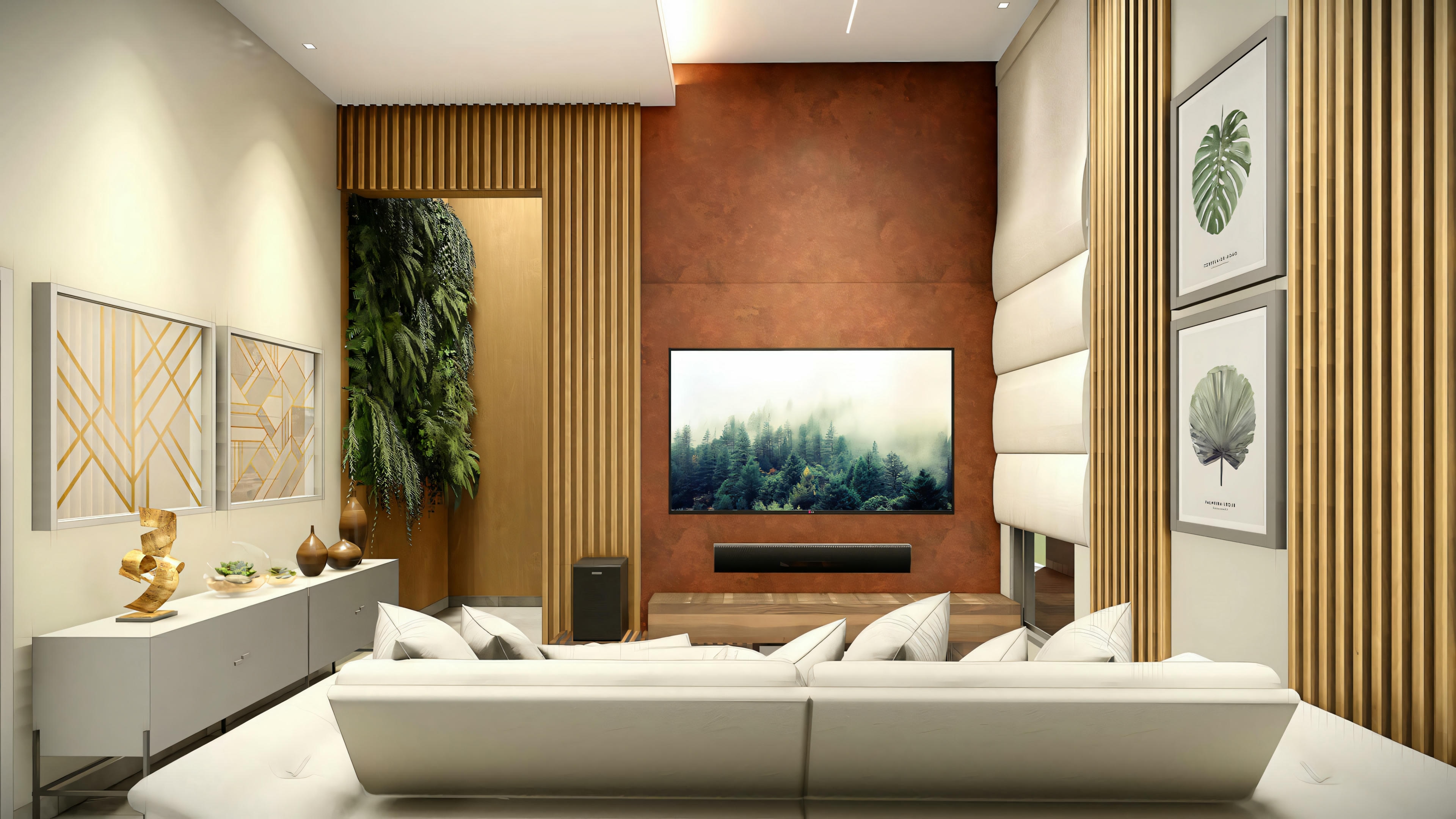 Modern TV room environment with sofa in the back, TV panel centered with slatted wood on the sides, low rack and vertical garden detail. House with exposed roof project.